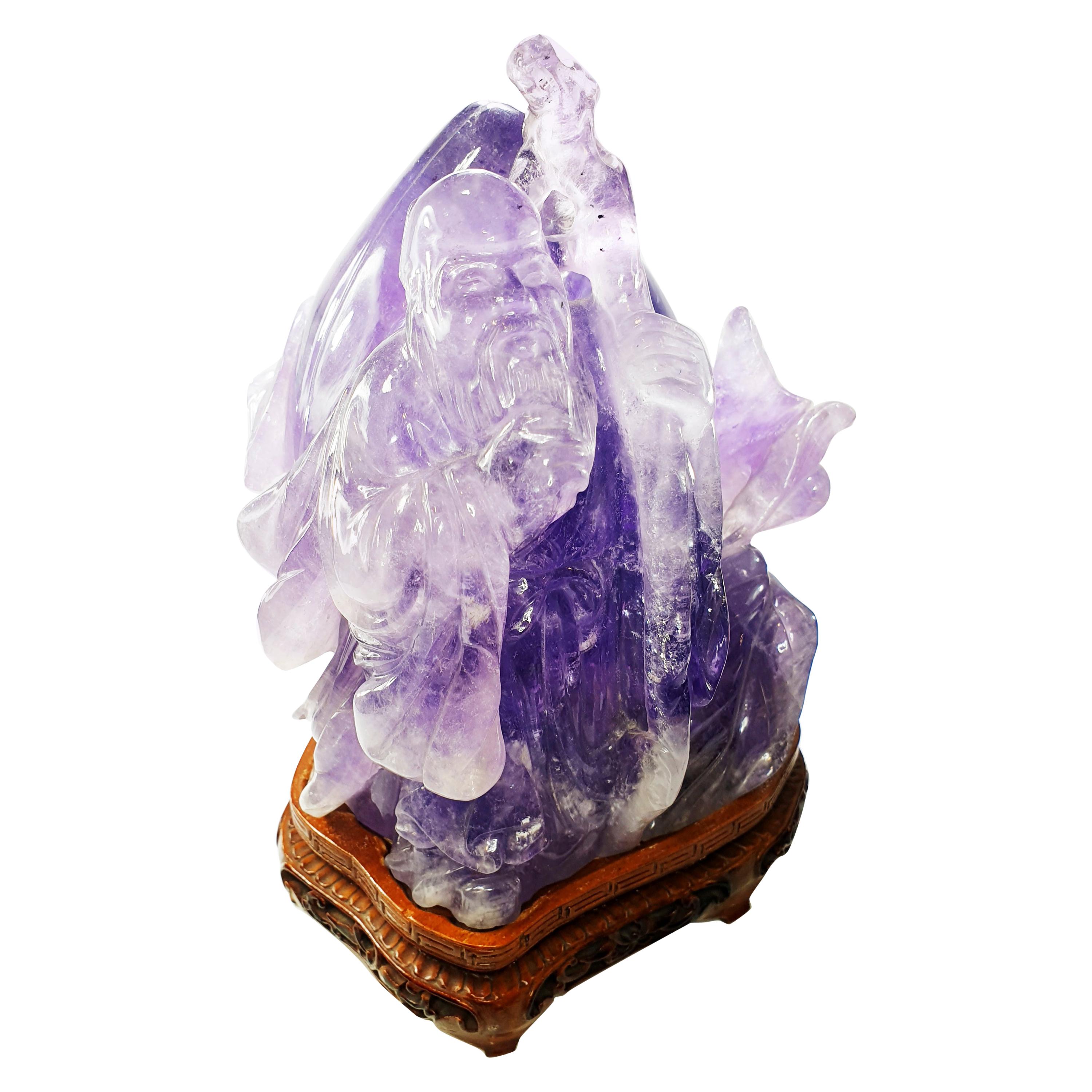 Carved 3.5kg Hardstone Amethyst Figure of Shoulao the Inmortal Chinese God For Sale