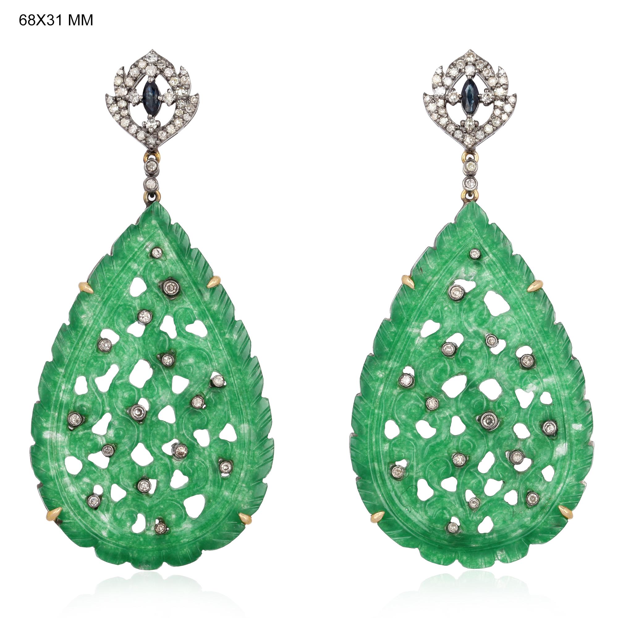 Artisan Carved 53.6 Carat Jade Diamond Earrings For Sale