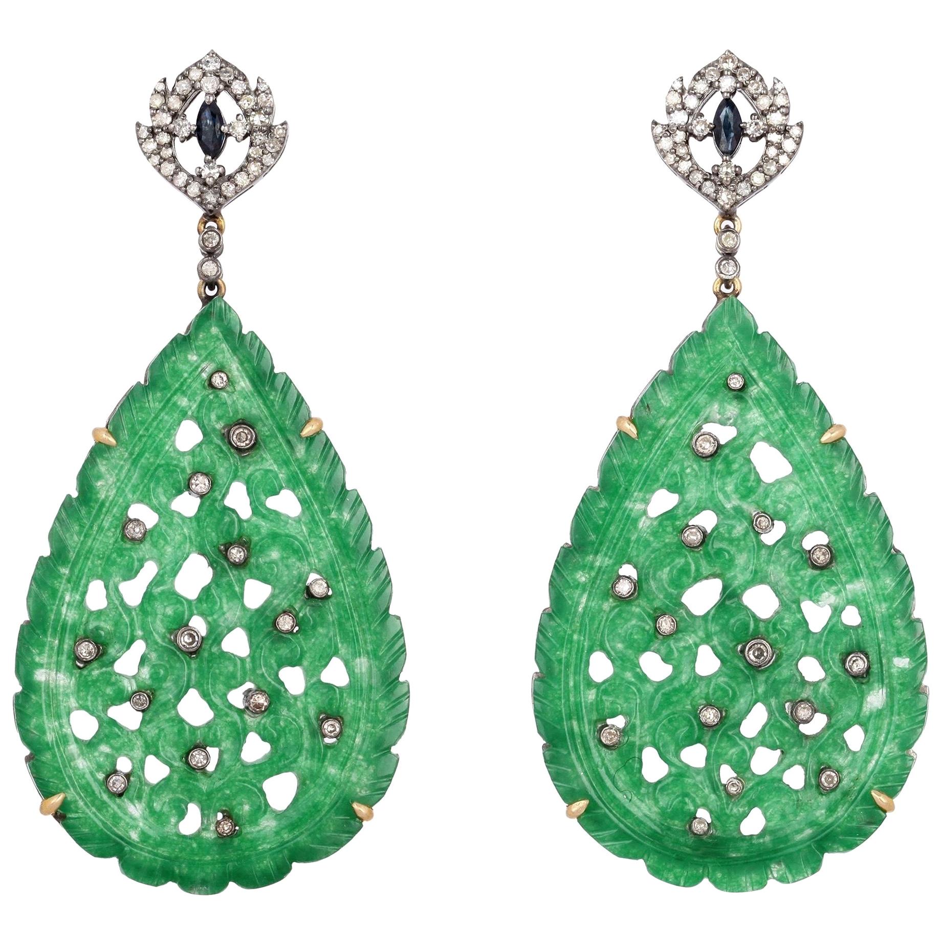 Carved 53.6 Carat Jade Diamond Earrings