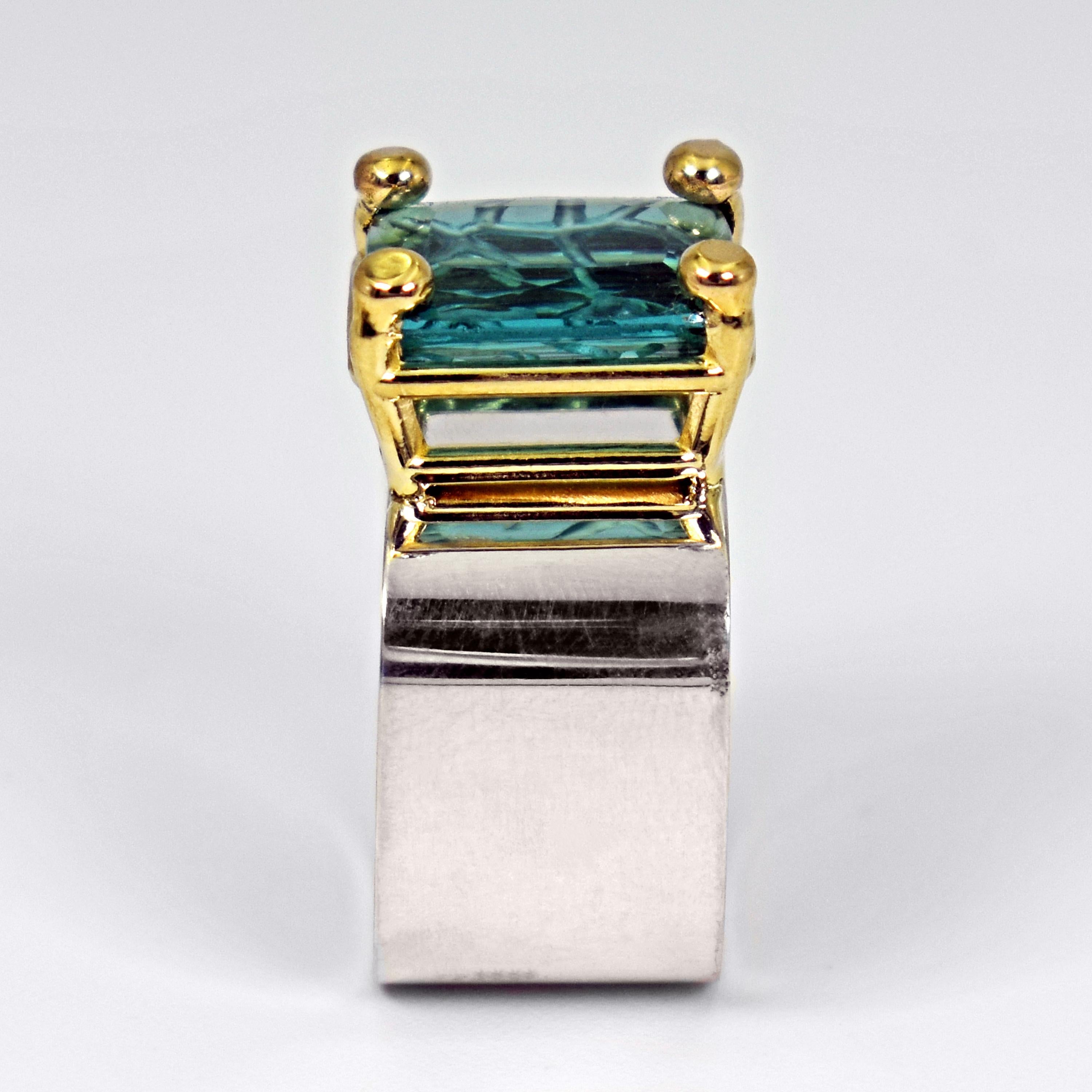Cushion Cut Carved 5.39 Carat Indicolite Tourmaline Two-Tone Cocktail Ring