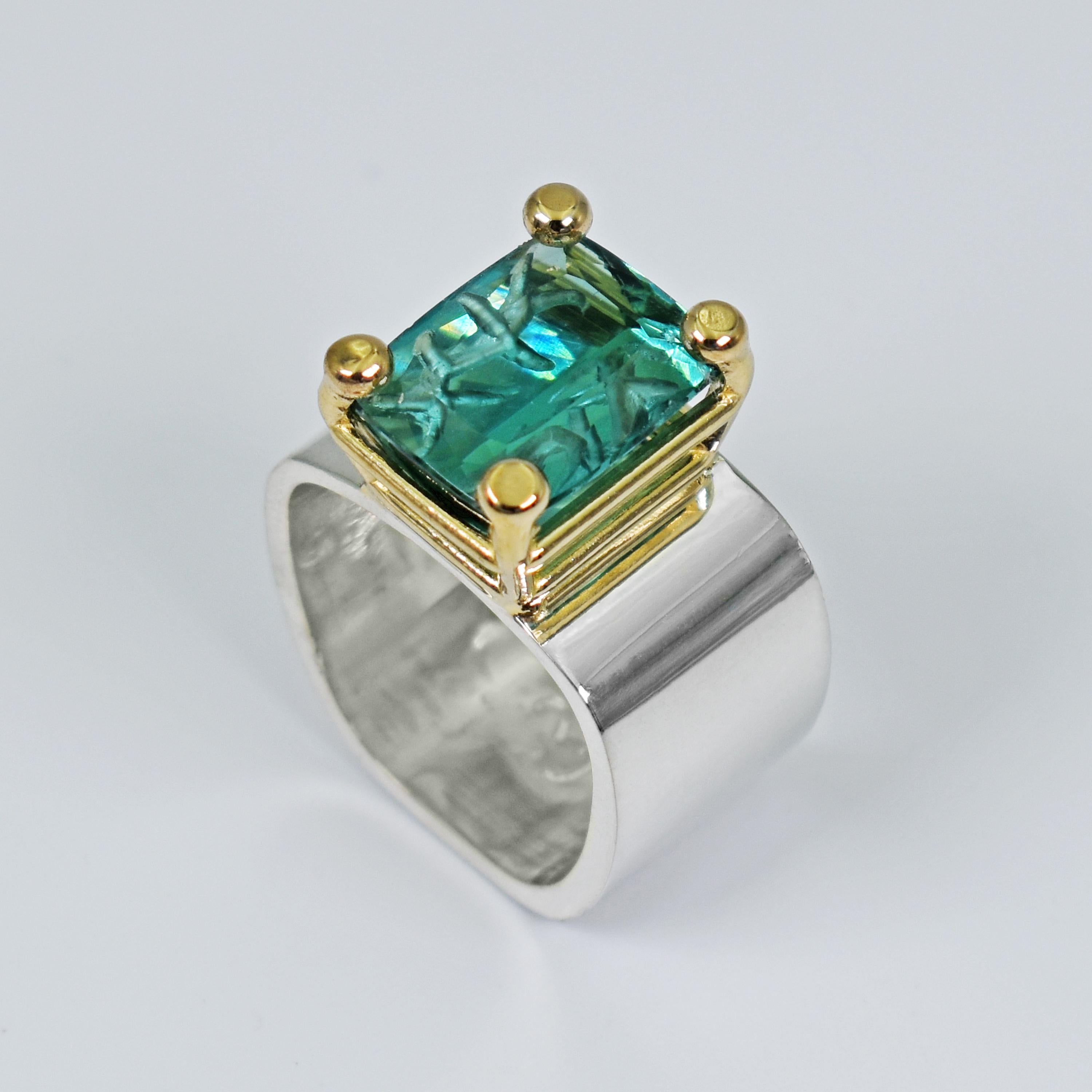 Women's Carved 5.39 Carat Indicolite Tourmaline Two-Tone Cocktail Ring