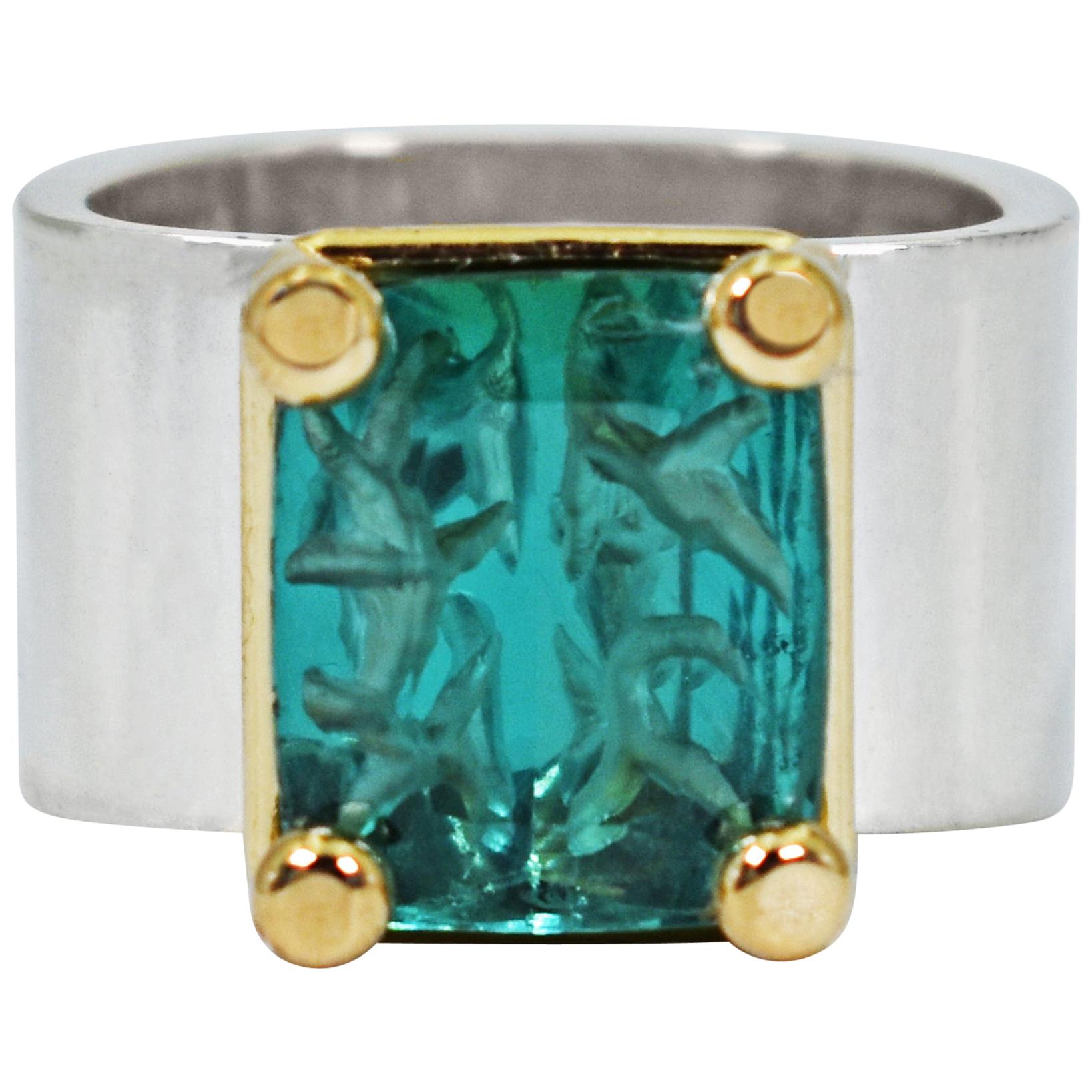 Carved 5.39 Carat Indicolite Tourmaline Two-Tone Cocktail Ring