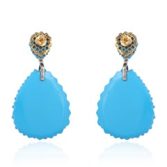 Carved 81.34 Carat Turquoise Emerald Diamond Earrings