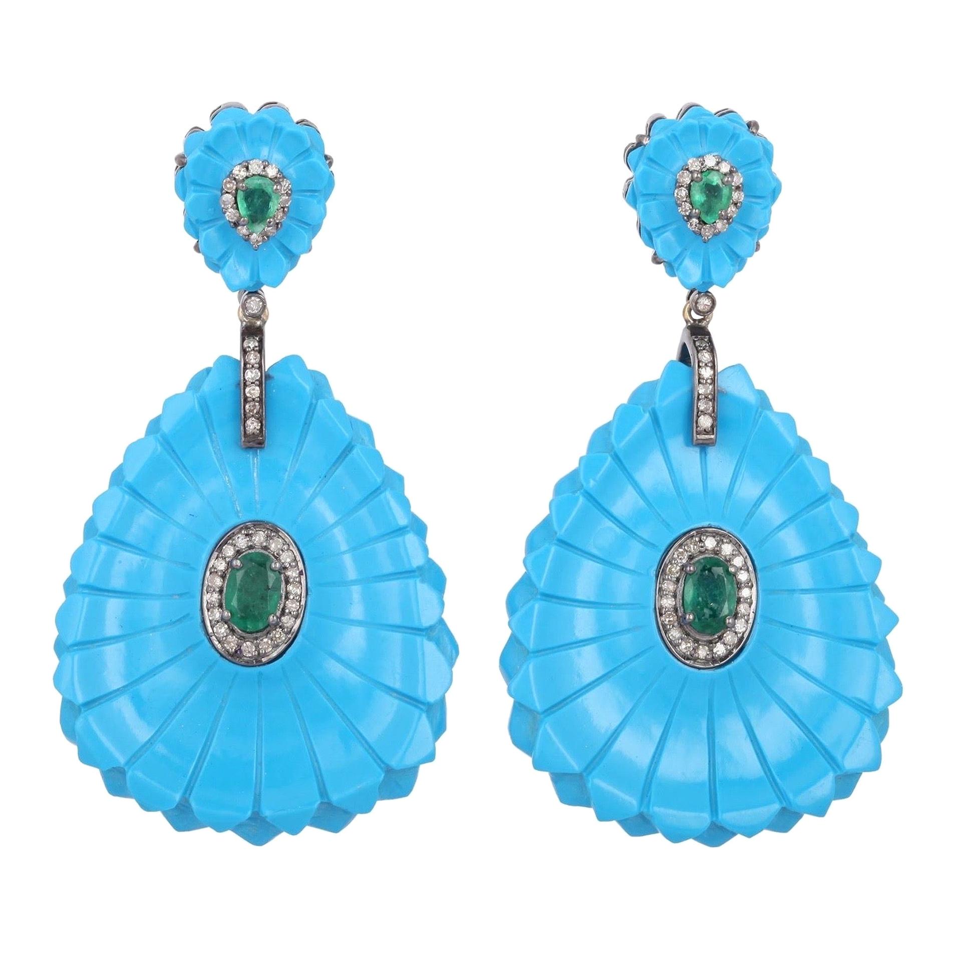 Carved 81.34 Carat Turquoise Emerald Diamond Earrings For Sale