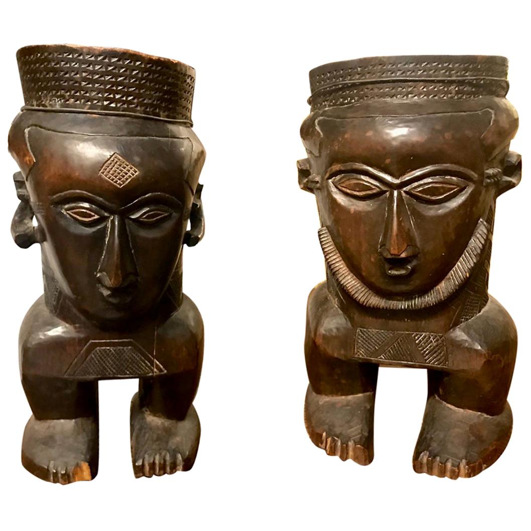 Carved African Figural Urns, Mid-20th Century For Sale
