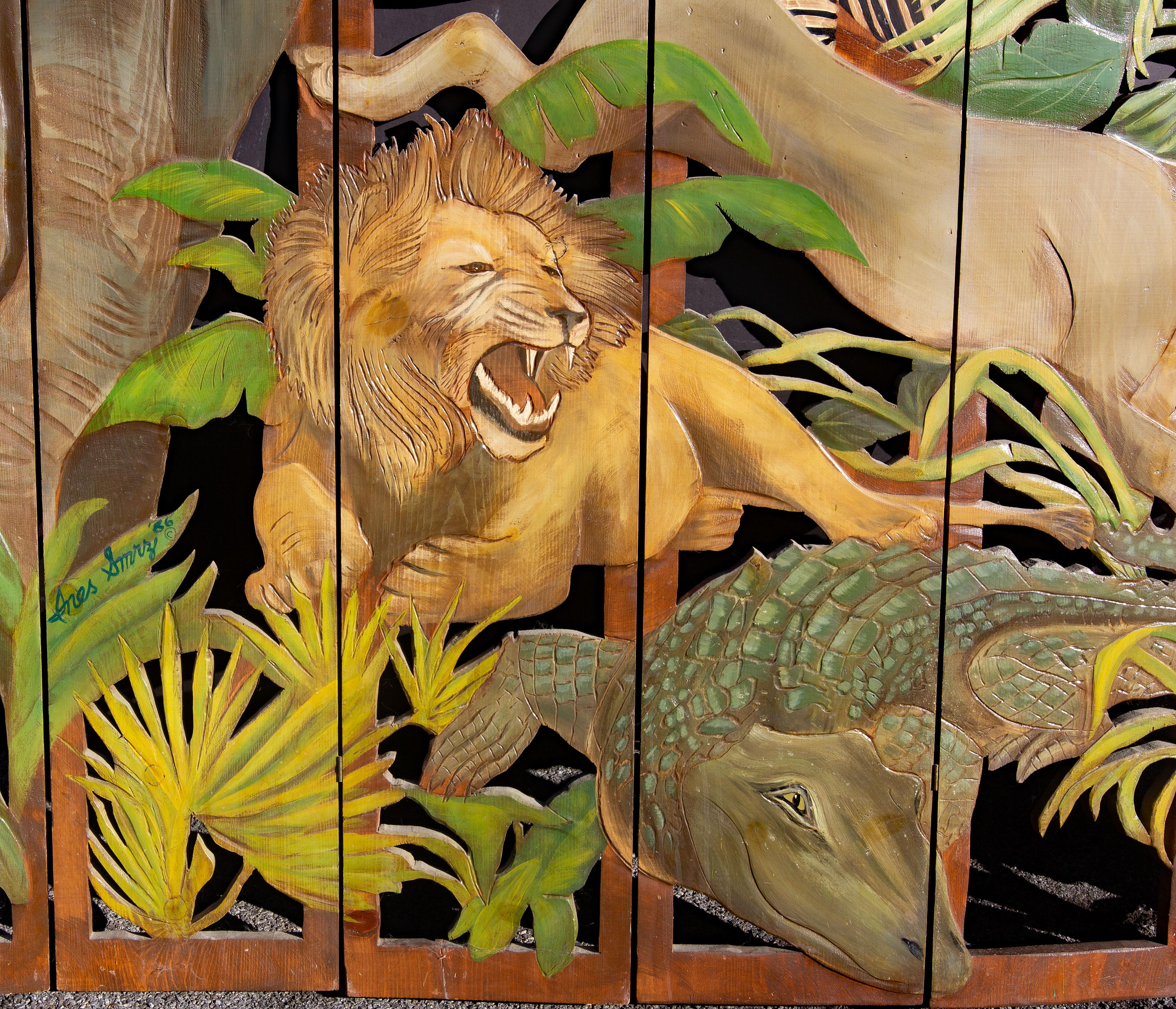 20th Century Carved African Jungle Screen with Exotic Wild Animals 