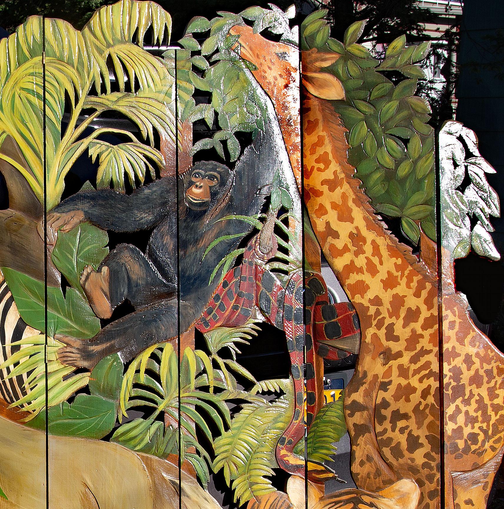 Wood Carved African Jungle Screen with Exotic Wild Animals 