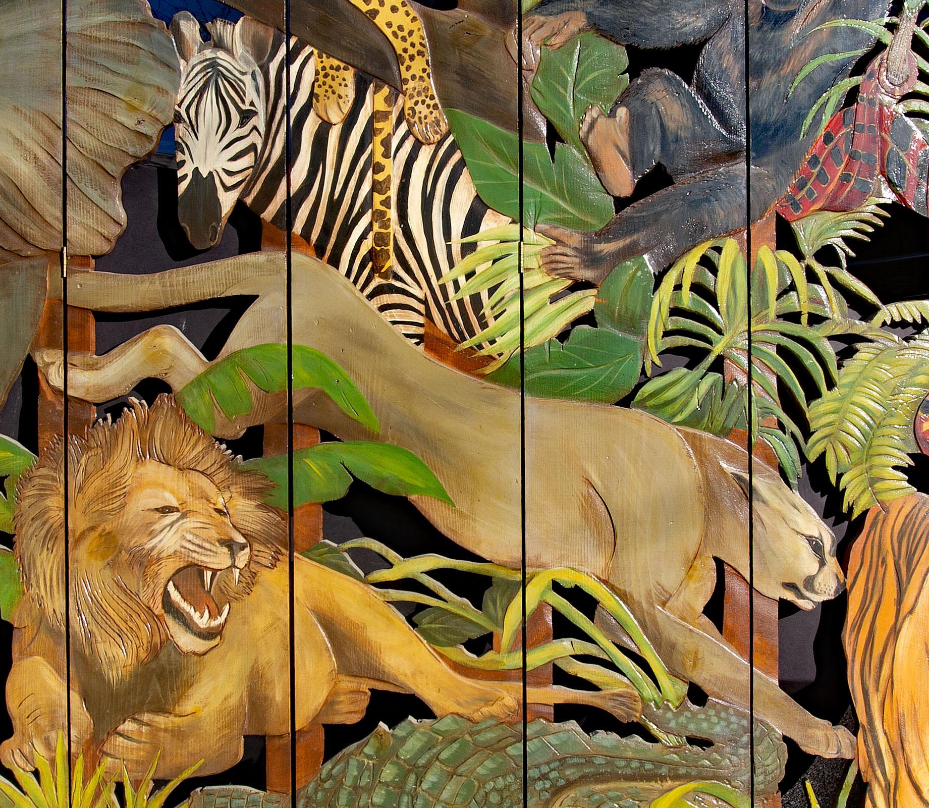 Carved African Jungle Screen with Exotic Wild Animals  1