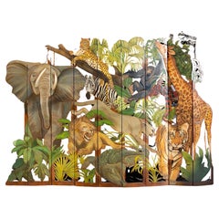 Carved African Jungle Screen with Exotic Wild Animals 