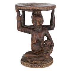 Sgabello cerimoniale africano intagliato Luba Cariatide Figure femminili maschili infantili