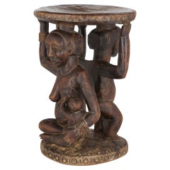 Carved African Luba Caryatid Ceremonial Stool Female Male Child Figures