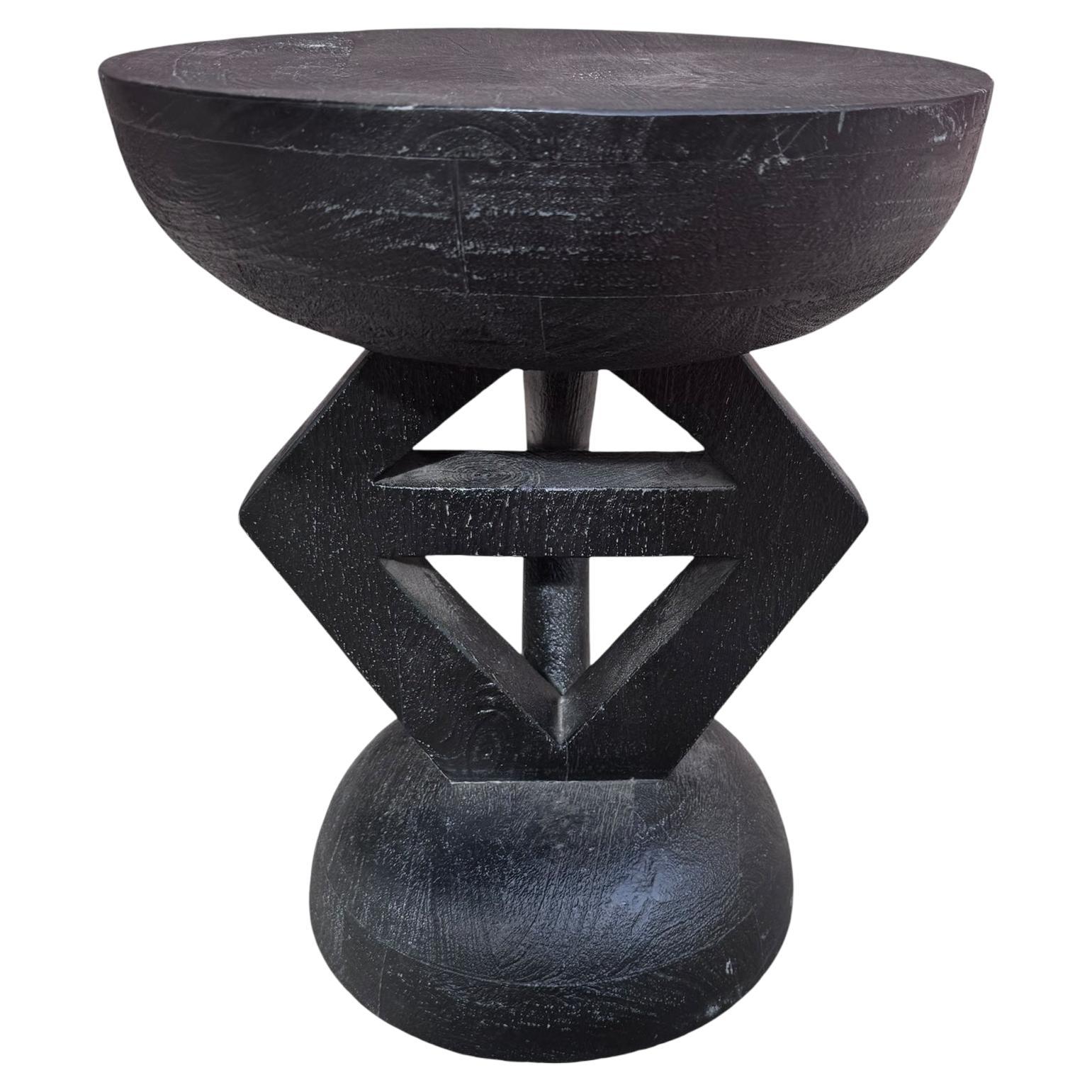 Carved African Tribal Style Black Statuette Side Table