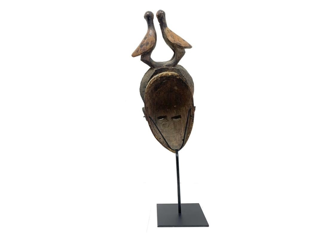 African Carved Africian Wood Ceremonial Mask On Custom Stand For Sale