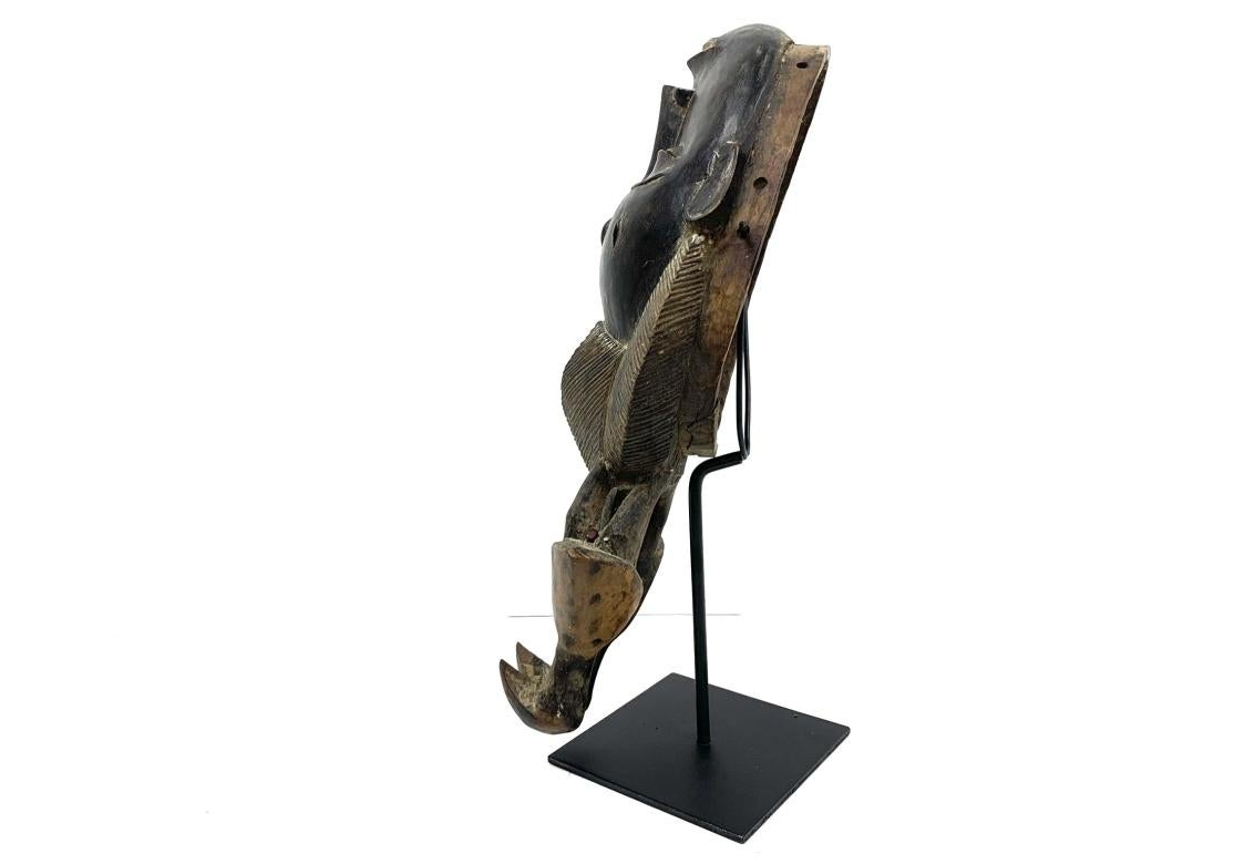 Carved Africian Wood Ceremonial Mask On Custom Stand In Fair Condition For Sale In Bridgeport, CT