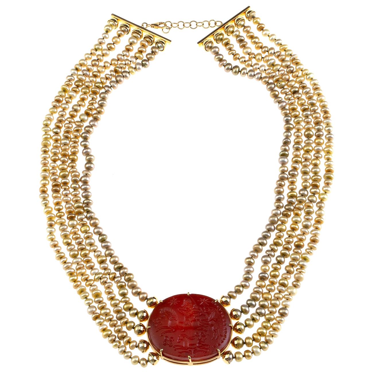 Carved Agate 18 Karat Gold Fresh Water Pearls Necklace For Sale