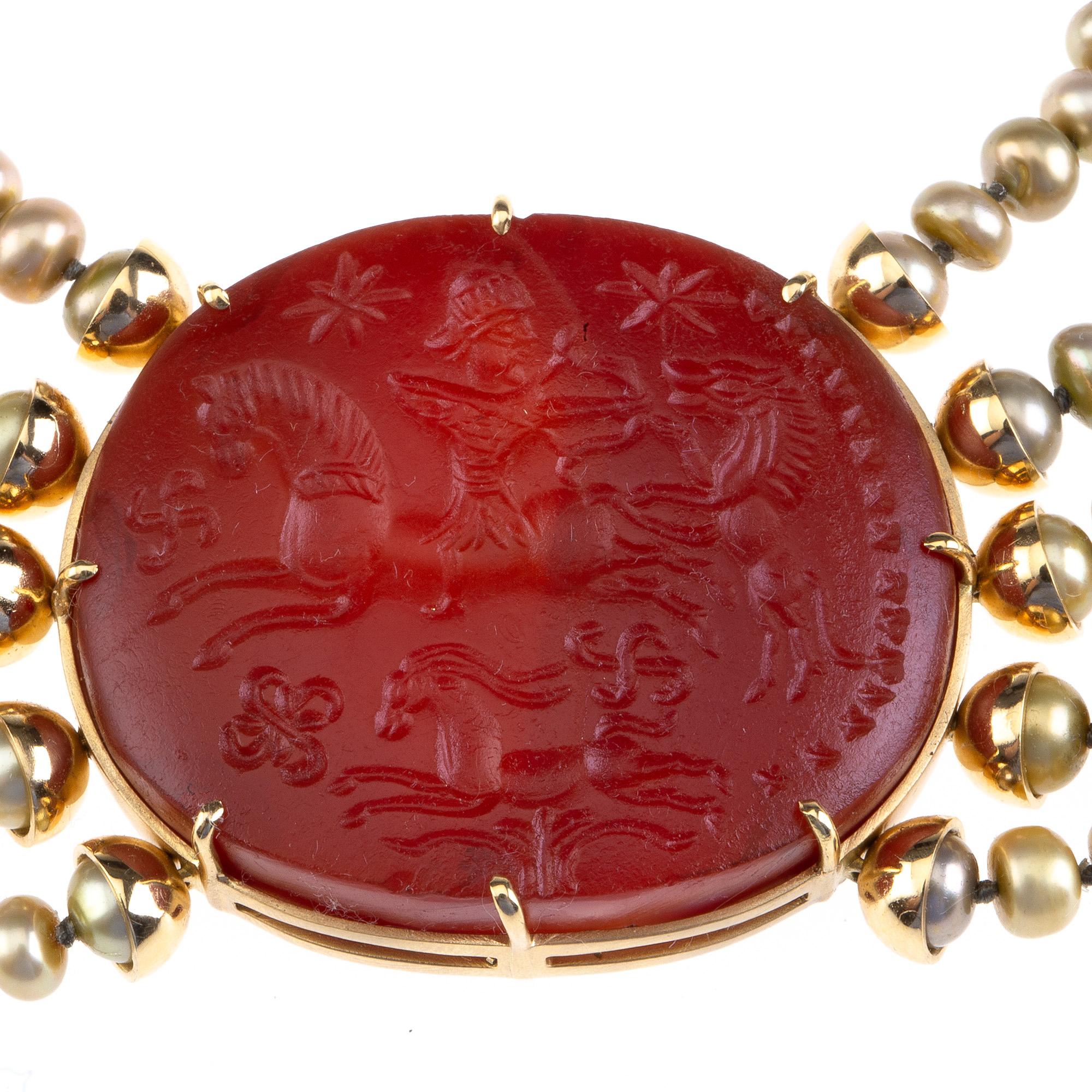 Rare antiques  carved agate 18k Gold gr 23,50 fresh water pearls adjustable necklace.
All Giulia Colussi jewelry is new and has never been previously owned or worn. Each item will arrive at your door beautifully gift wrapped in our boxes, put inside