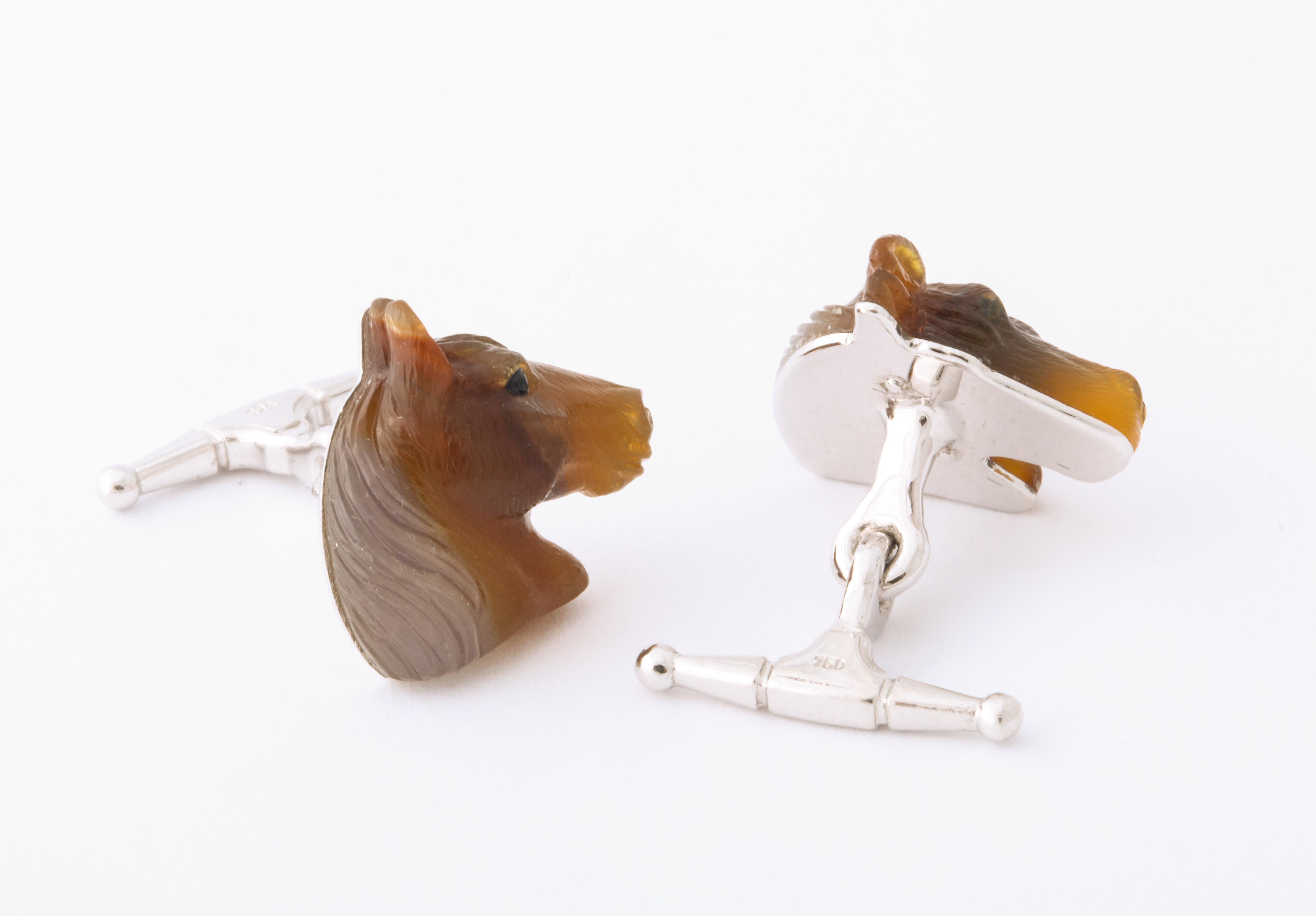 Women's or Men's Carved Agate and Gold Horse Cufflinks