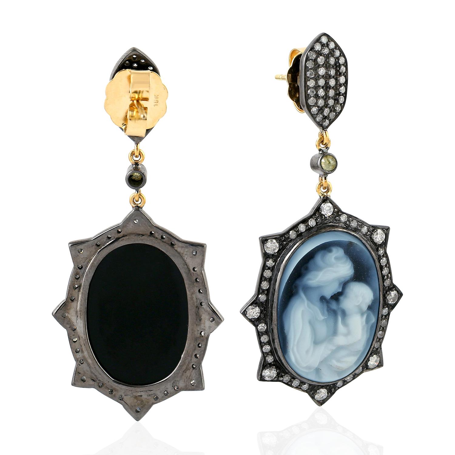 Art Nouveau Carved Agate Cameo Surrounded by Pave Diamonds Made in 18k Yellow Gold & Silver For Sale
