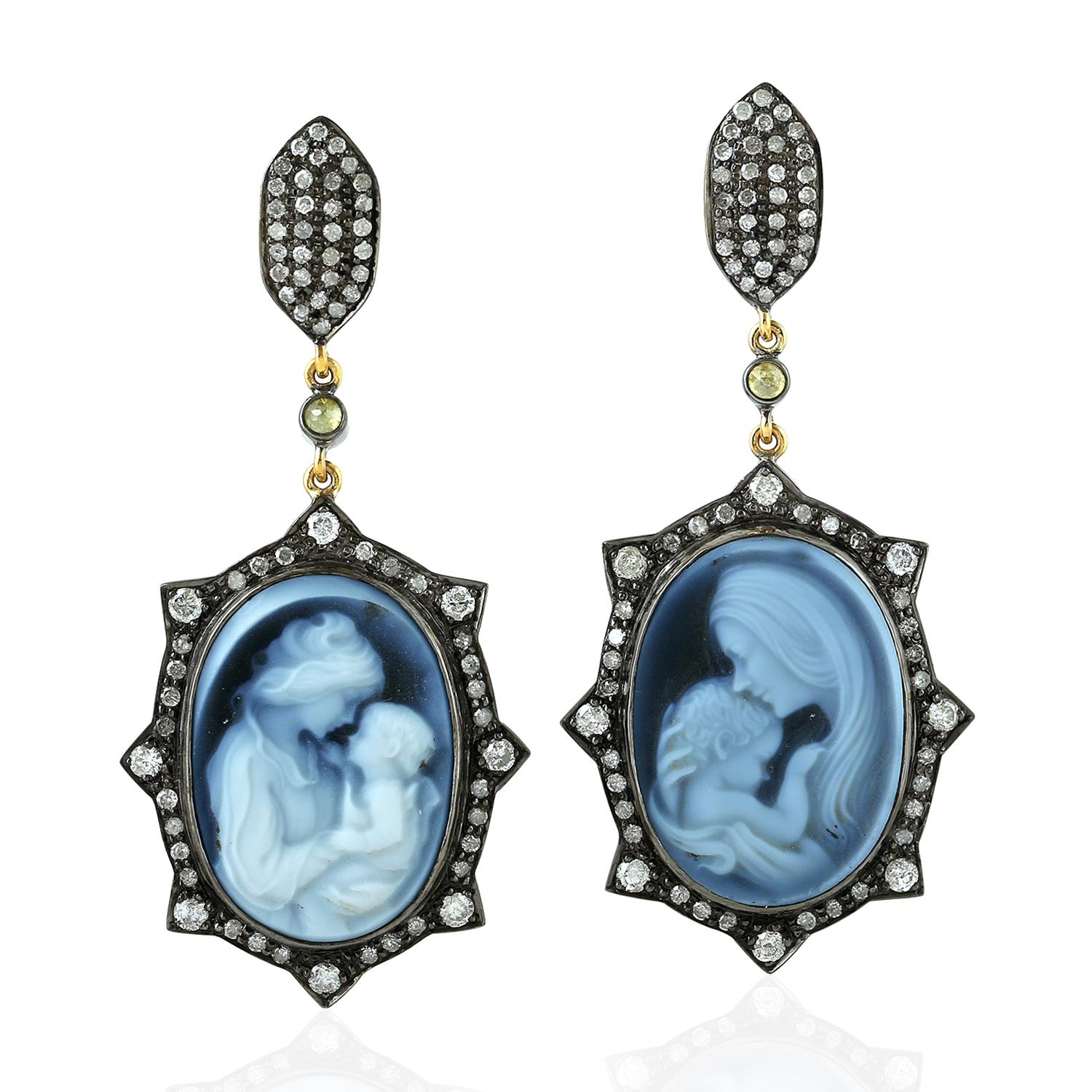 Mixed Cut Carved Agate Cameo Surrounded by Pave Diamonds Made in 18k Yellow Gold & Silver For Sale