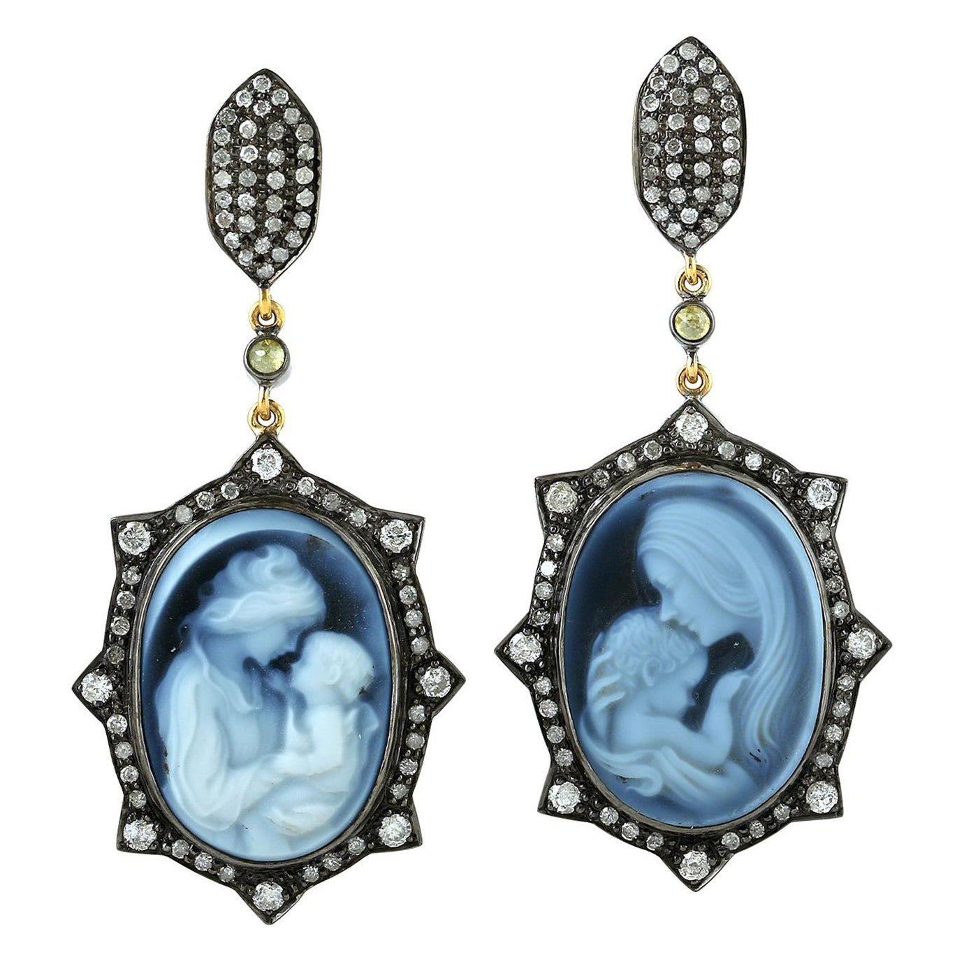 Carved Agate Cameo Surrounded by Pave Diamonds Made in 18k Yellow Gold & Silver For Sale