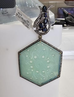 Carved Agate Pendant Accented With Sapphire & Diamond In 18k Gold & Silver