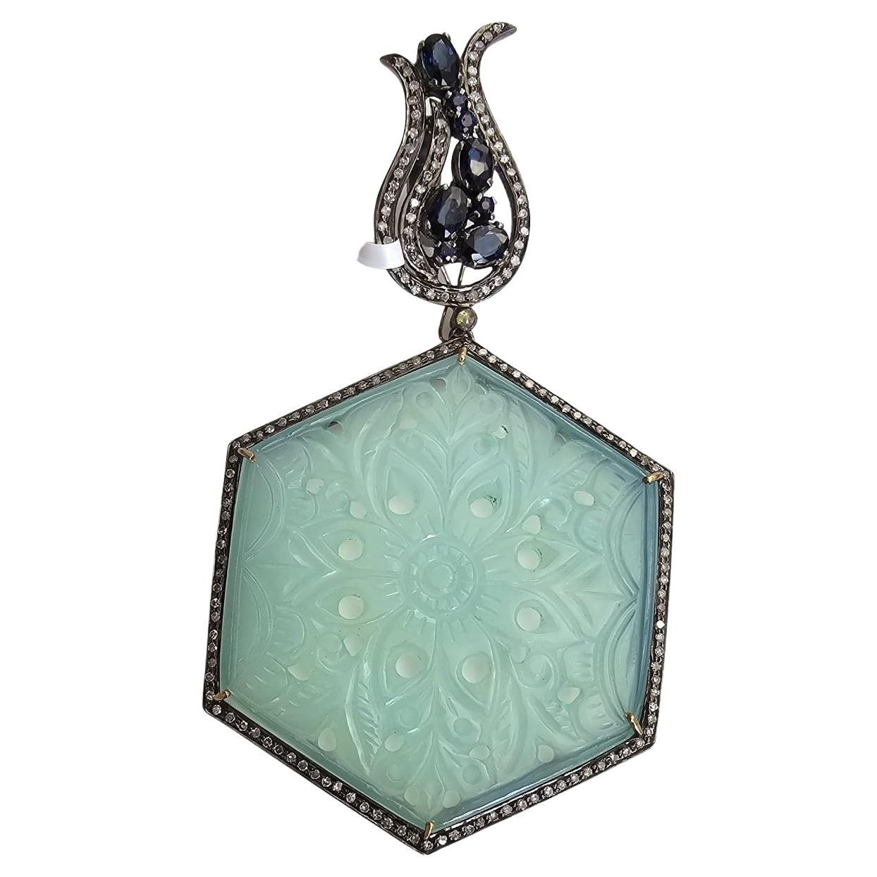 Carved Agate Pendant Accented With Sapphire & Diamond In 18k Gold & Silver For Sale