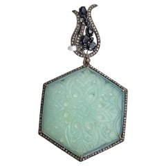Carved Agate Pendant Accented With Sapphire & Diamond In 18k Gold & Silver