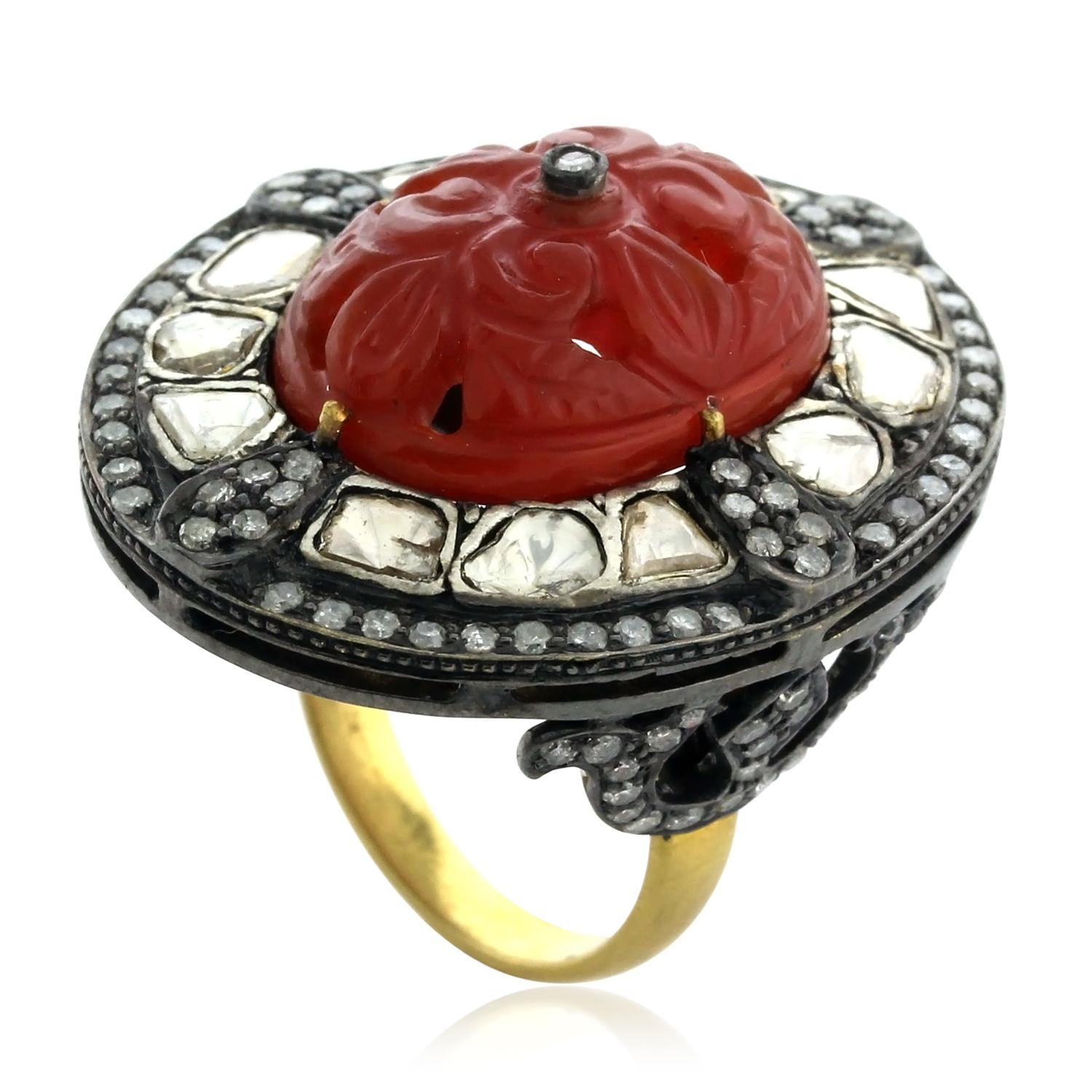 Artisan Carved Agate Ring with Polki Diamonds & Pave Diamonds Made in 18k Gold & Silver For Sale
