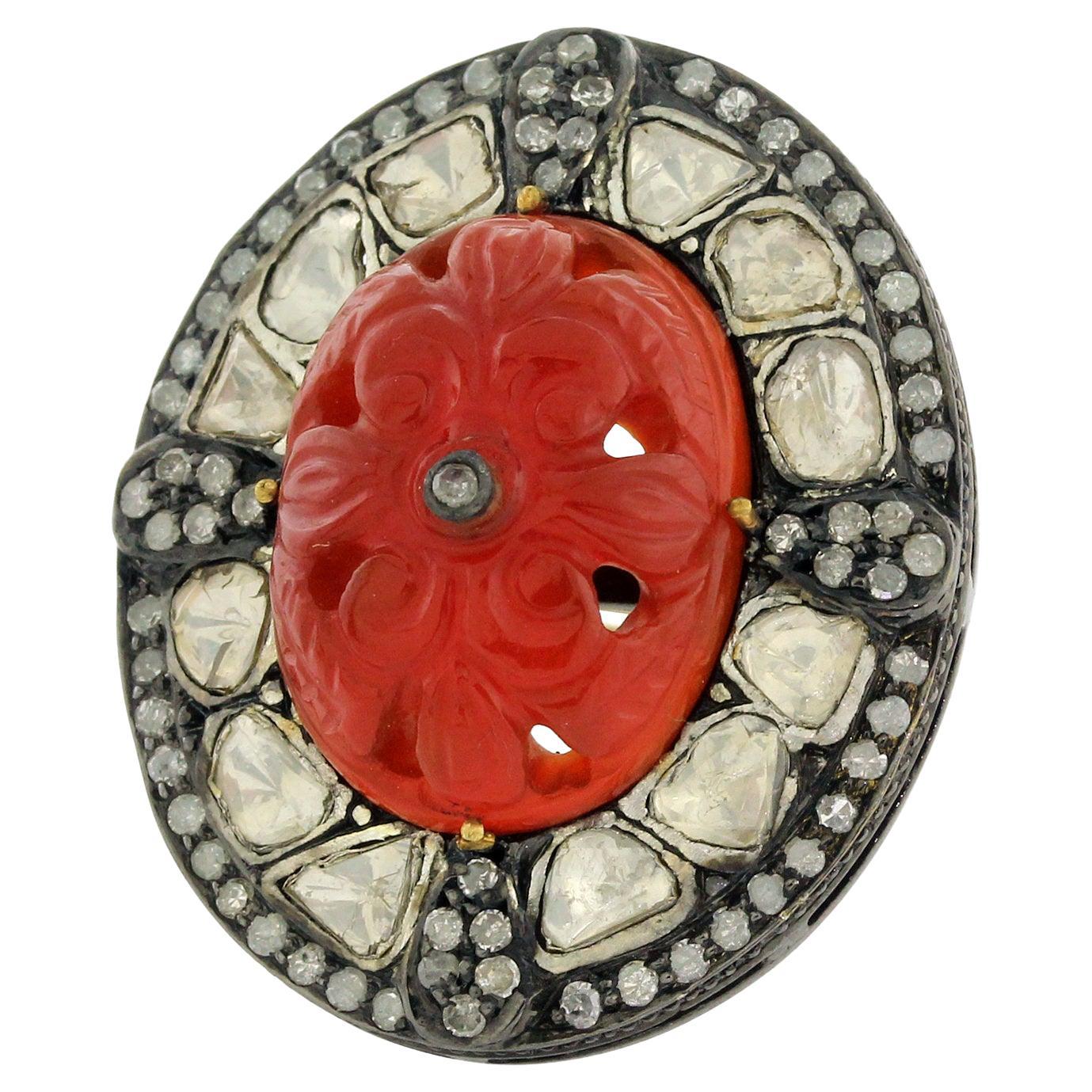 Carved Agate Ring with Polki Diamonds & Pave Diamonds Made in 18k Gold & Silver For Sale