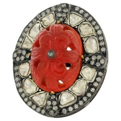 Carved Agate Ring with Polki Diamonds & Pave Diamonds Made in 18k Gold & Silver