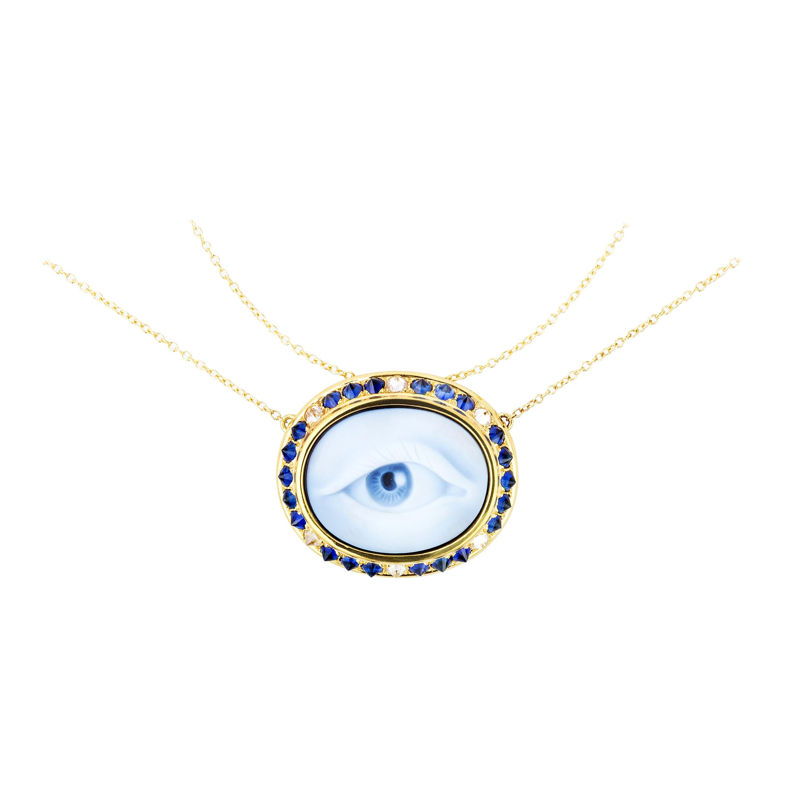 AnaKatarina Carved Agate, Sapphire, Diamond and Yellow Gold Eye Cameo Necklace For Sale