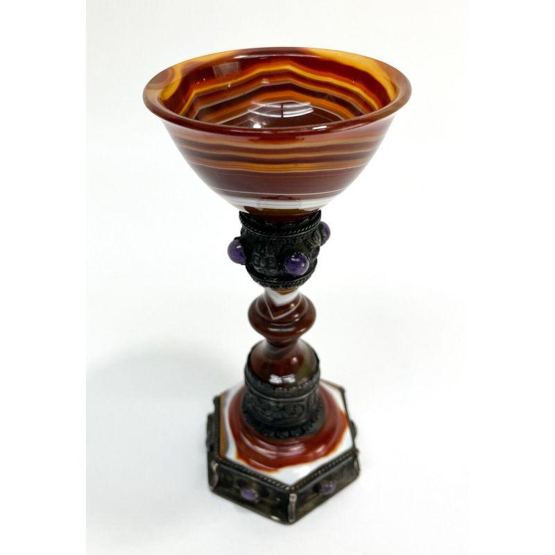 Carved Agate & Silver Mounted Goblet with Amethyst Cabochon Jewels, 19th Century In Good Condition In Gardena, CA