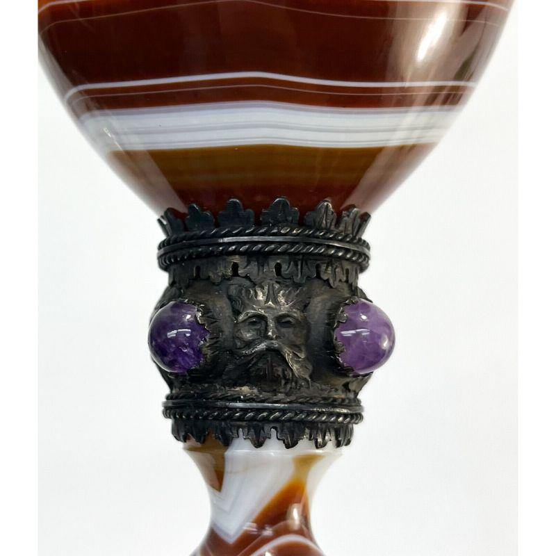 Carved Agate & Silver Mounted Goblet with Amethyst Cabochon Jewels, 19th Century 6