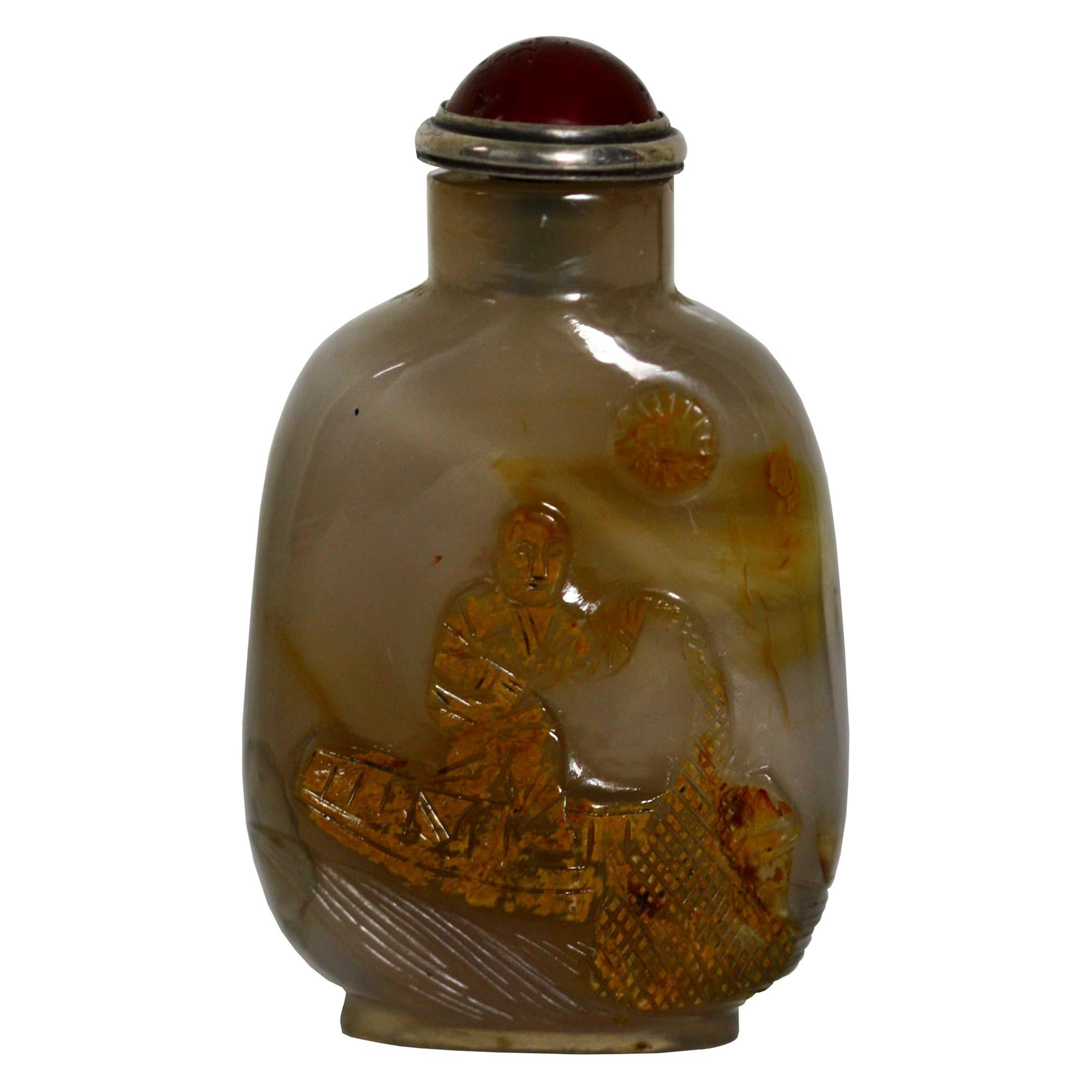 Carved Agate Snuff Bottle Chinese, Qing Dynasty For Sale