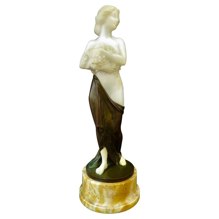 Carved Alabaster & Bronze Art Nouveau Figural Sculpture For Sale