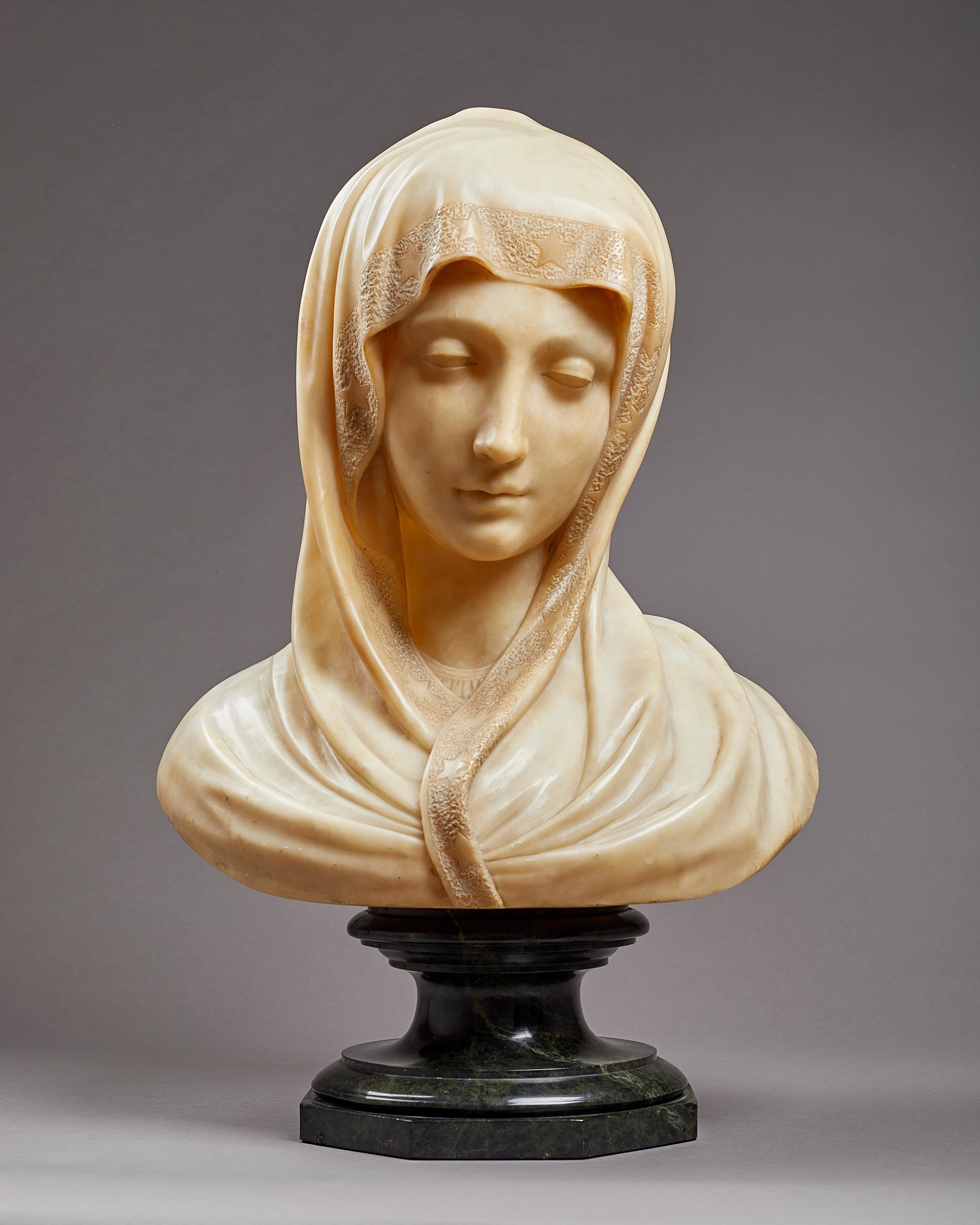 Bust of the Madonna as the ‘Lady of Our Sorrows’ (Mater Dolorosa)
Italian, possibly Florence, late 19th century
Alabaster, on a separate green serpentine socle
Height: 40 cm. / 15 ¾ inches , overall 50 cm. / 19 ½ inches

In the Renaissance and