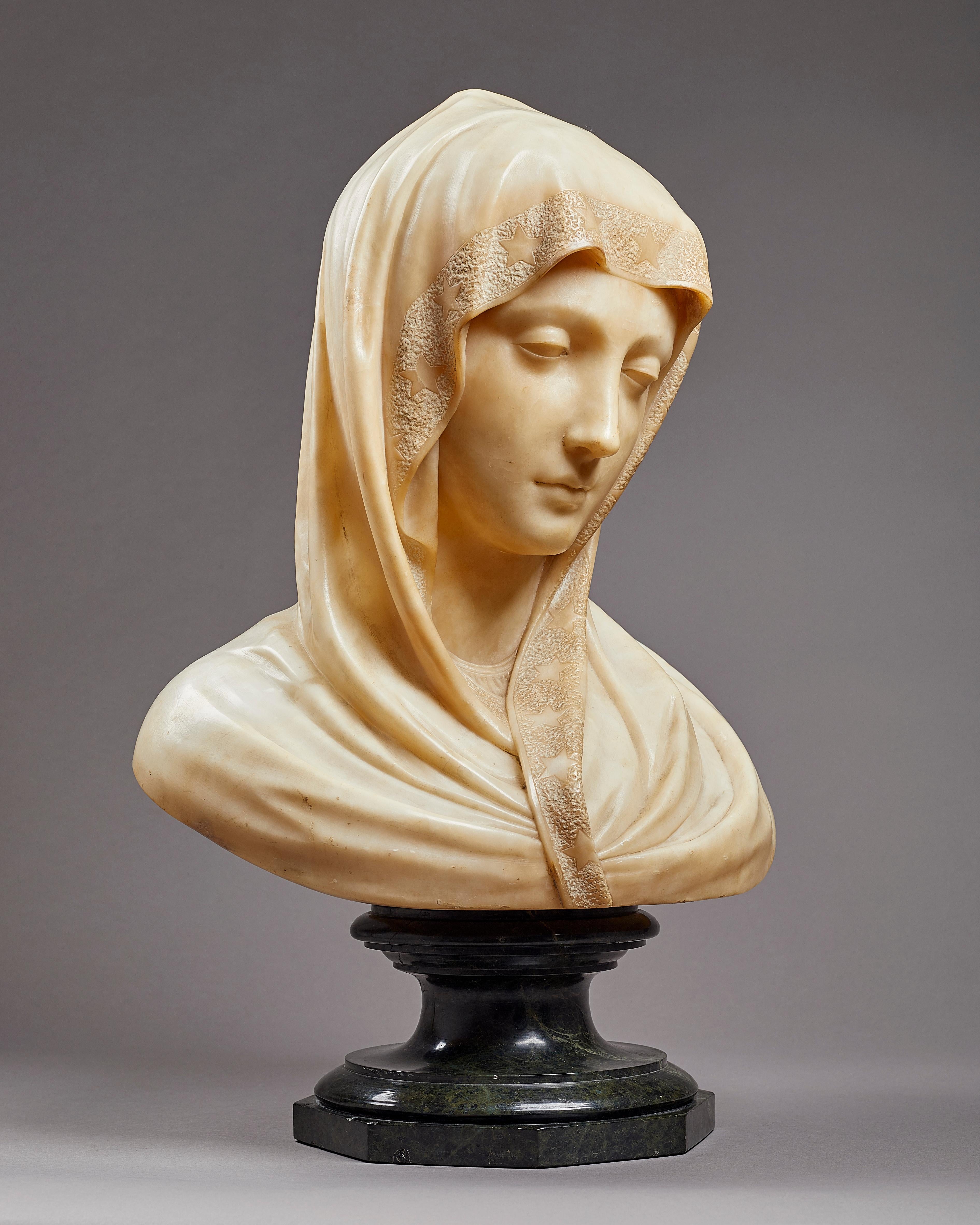 Renaissance Carved Alabaster Bust of the Madonna, Italian, 19th Century For Sale