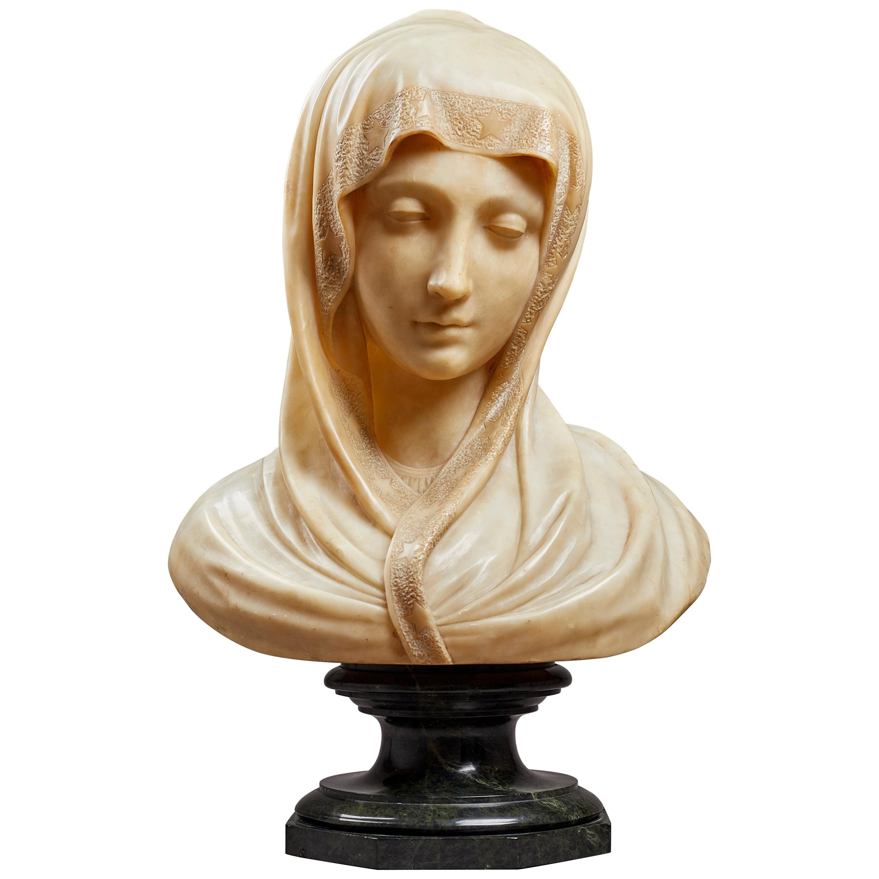 Carved Alabaster Bust of the Madonna, Italian, 19th Century For Sale