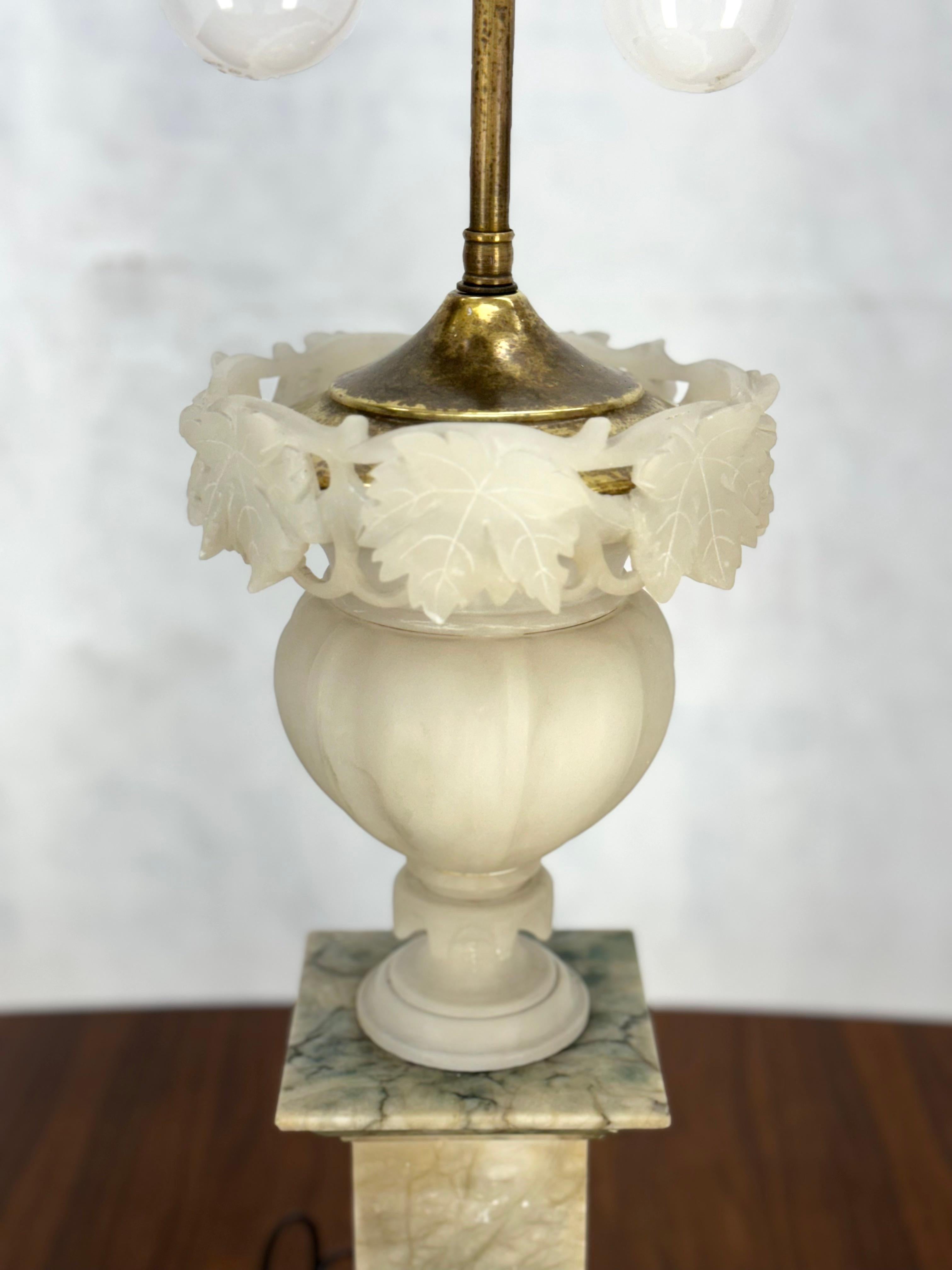 Federal Carved Alabaster Grapes Leaf Motive Urn Shape Square Mable Base Table Lamp MINT! For Sale