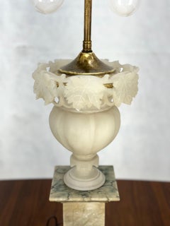 Carved Alabaster Grapes Leaf Motive Urn Shape Square Mable Base Table Lamp MINT!