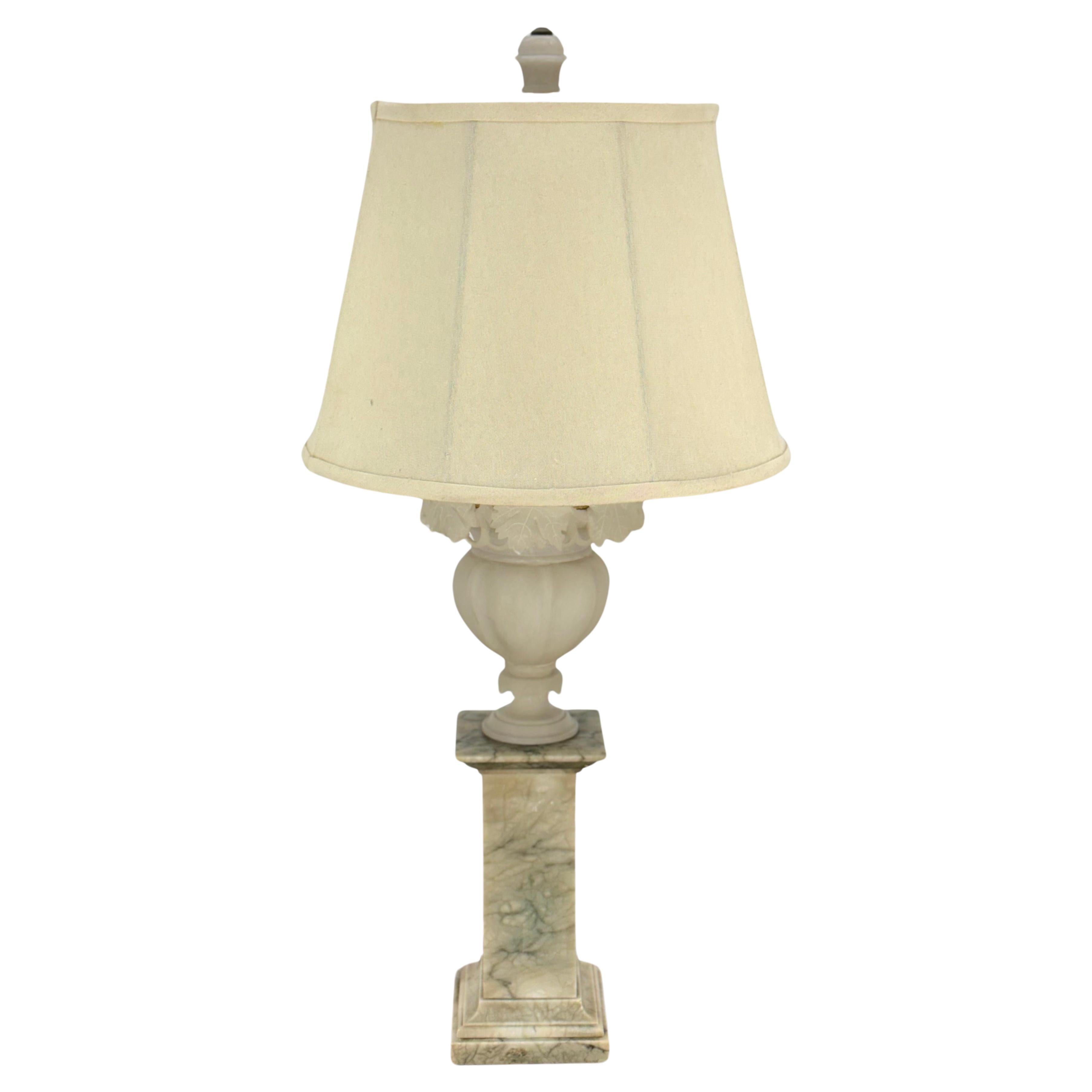 Carved Alabaster Grapes Leaf Motive Urn Shape Square Mable Base Table Lamp MINT!
