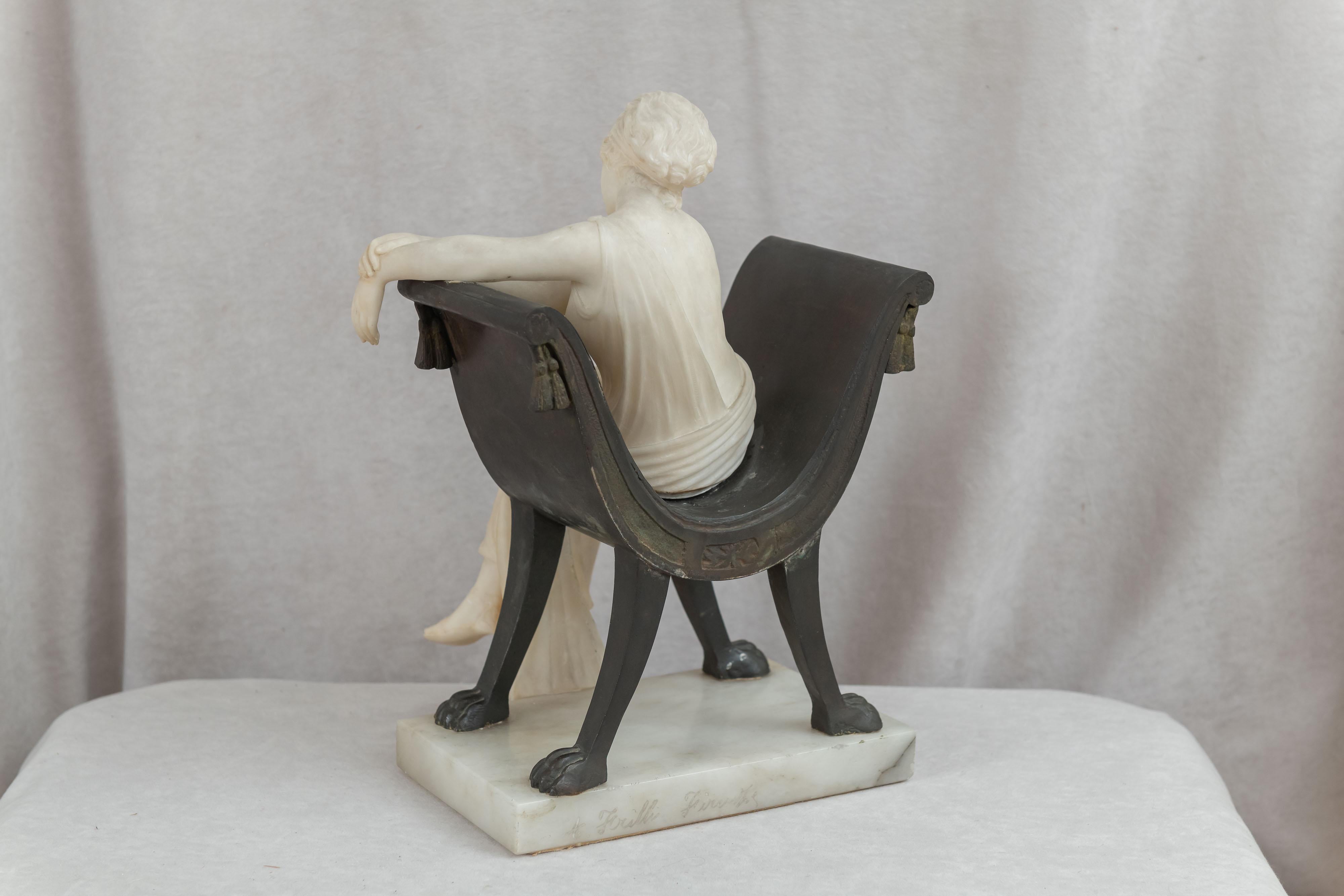Carved Alabaster Lady Seated in a Bronze Chair, Artist Signed, Italian, ca. 1900 5