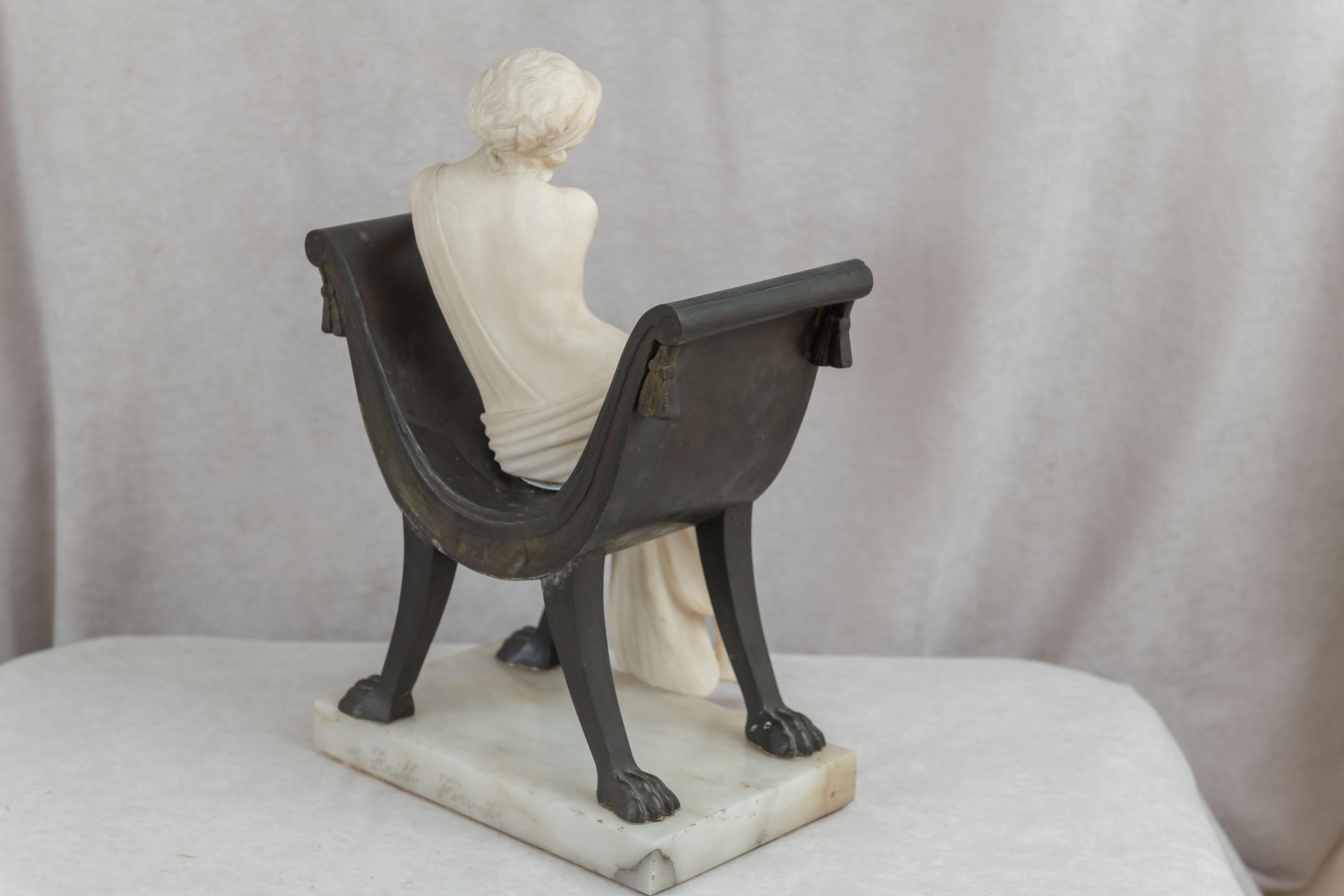 Carved Alabaster Lady Seated in a Bronze Chair, Artist Signed, Italian, ca. 1900 8