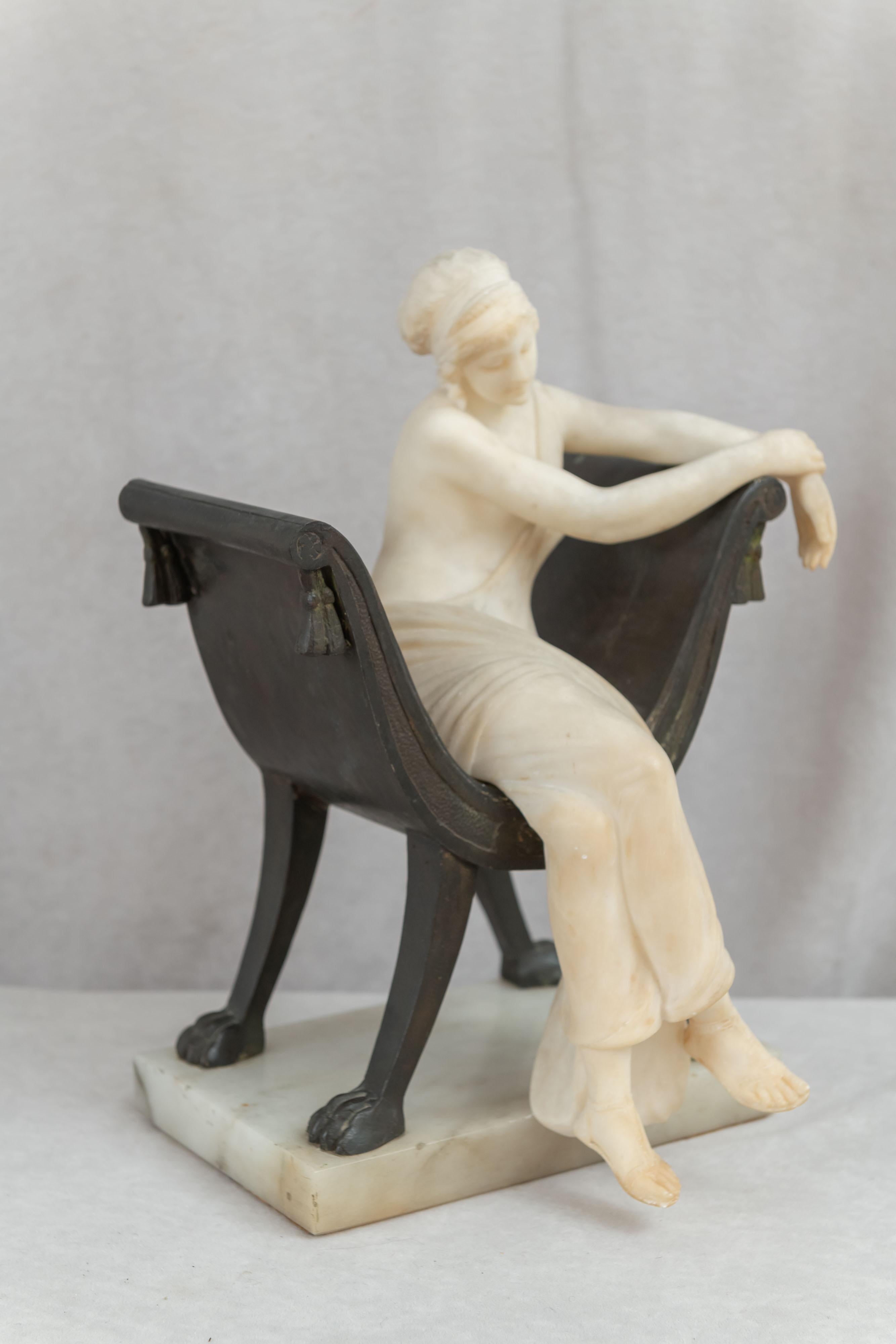 Carved Alabaster Lady Seated in a Bronze Chair, Artist Signed, Italian, ca. 1900 9