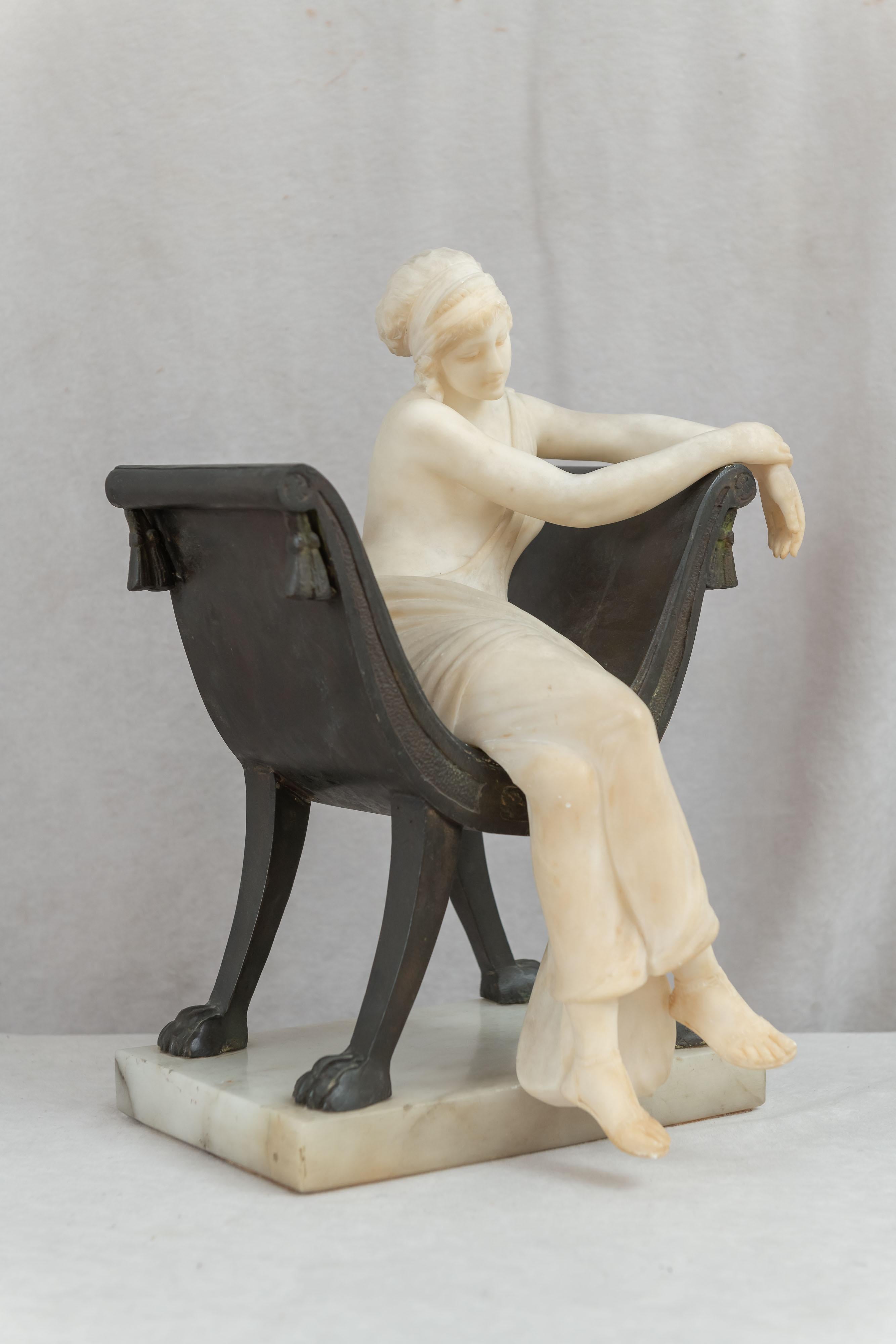 Carved Alabaster Lady Seated in a Bronze Chair, Artist Signed, Italian, ca. 1900 10