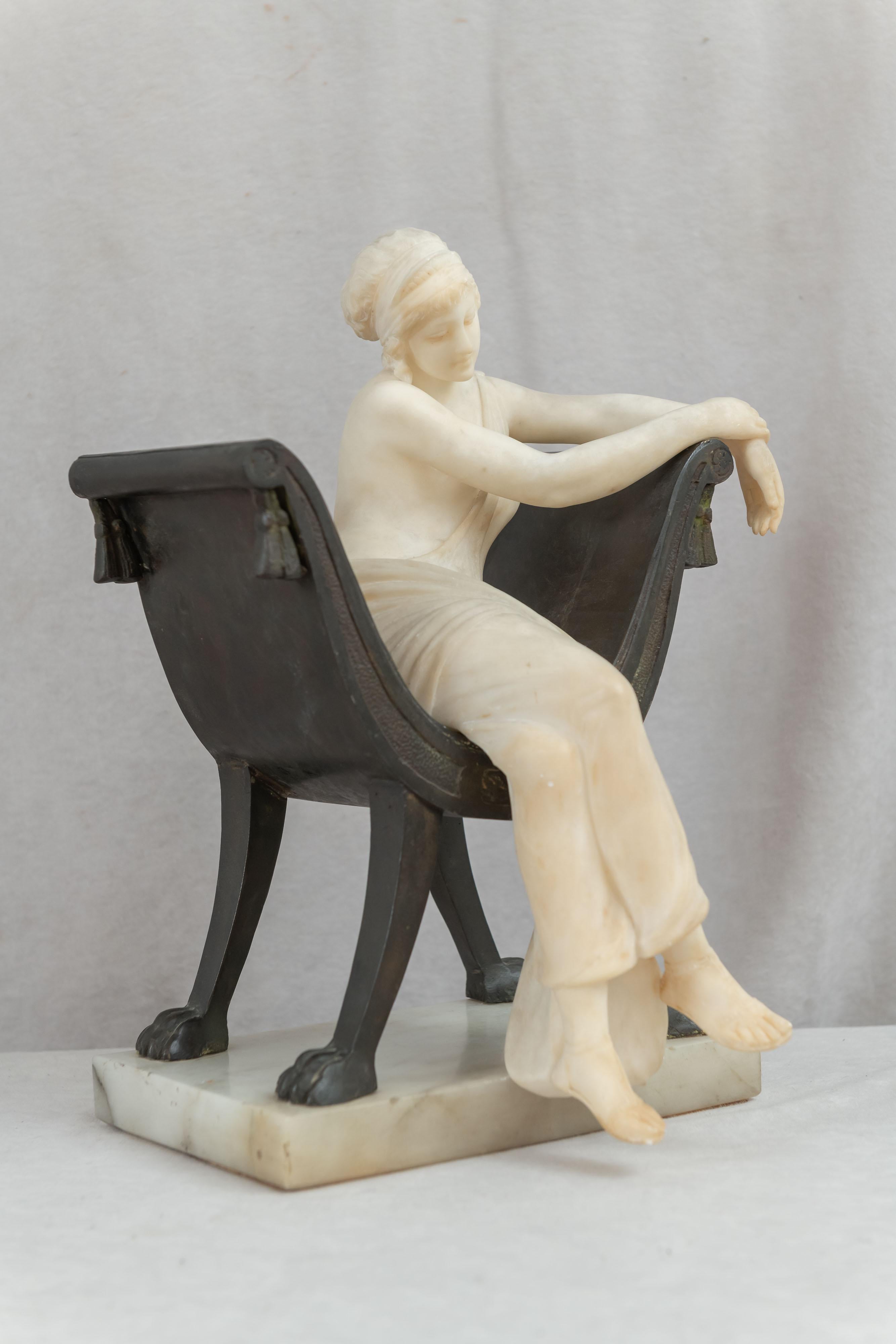 Carved Alabaster Lady Seated in a Bronze Chair, Artist Signed, Italian, ca. 1900 11