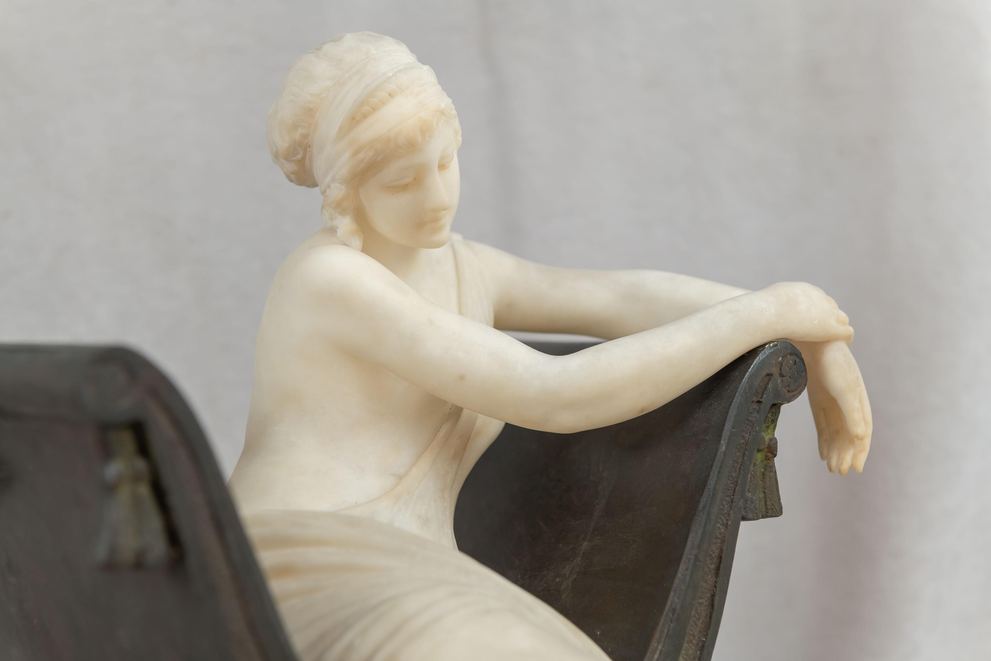 Carved Alabaster Lady Seated in a Bronze Chair, Artist Signed, Italian, ca. 1900 12