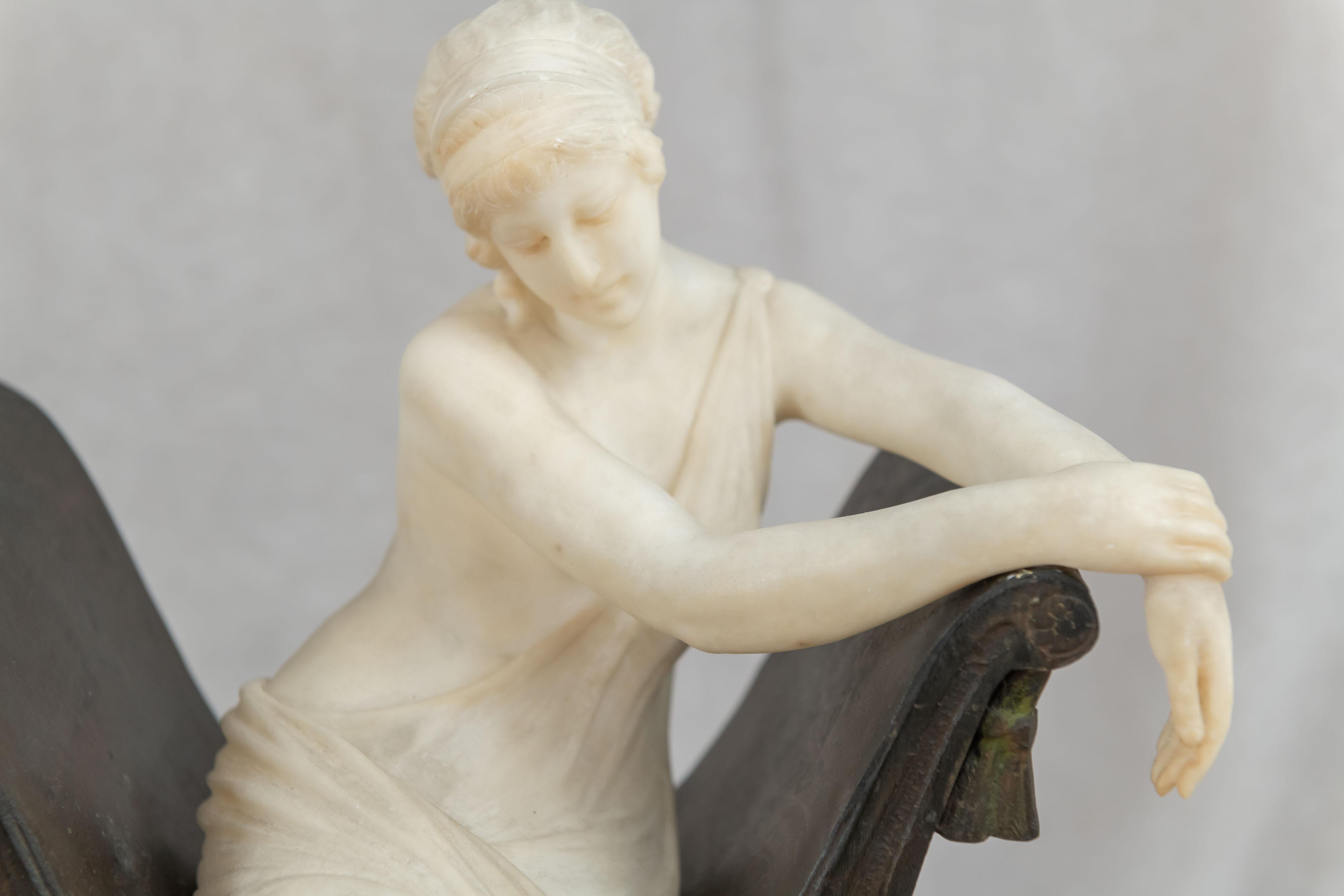 Art Nouveau Carved Alabaster Lady Seated in a Bronze Chair, Artist Signed, Italian, ca. 1900