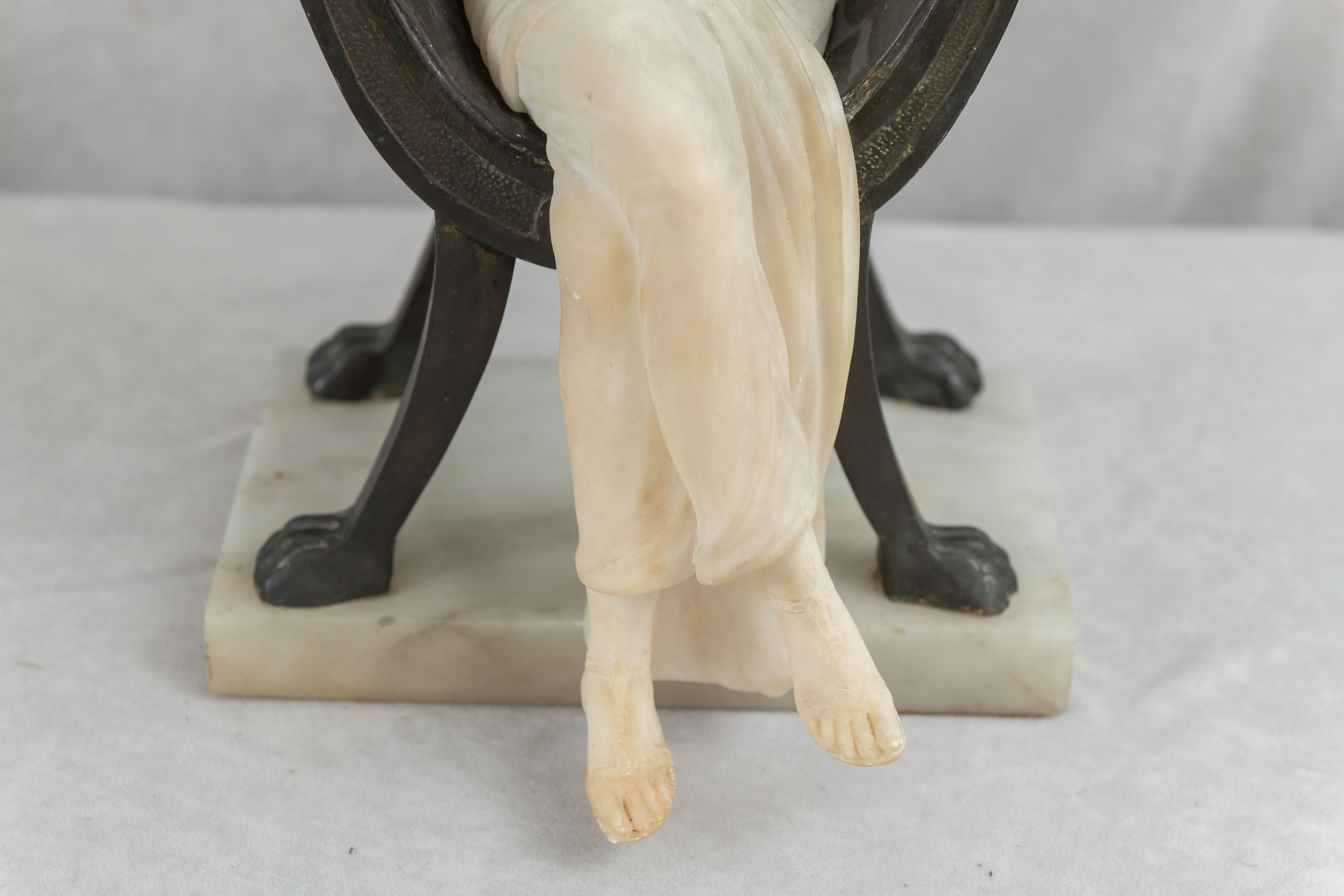 Carved Alabaster Lady Seated in a Bronze Chair, Artist Signed, Italian, ca. 1900 In Excellent Condition In Petaluma, CA