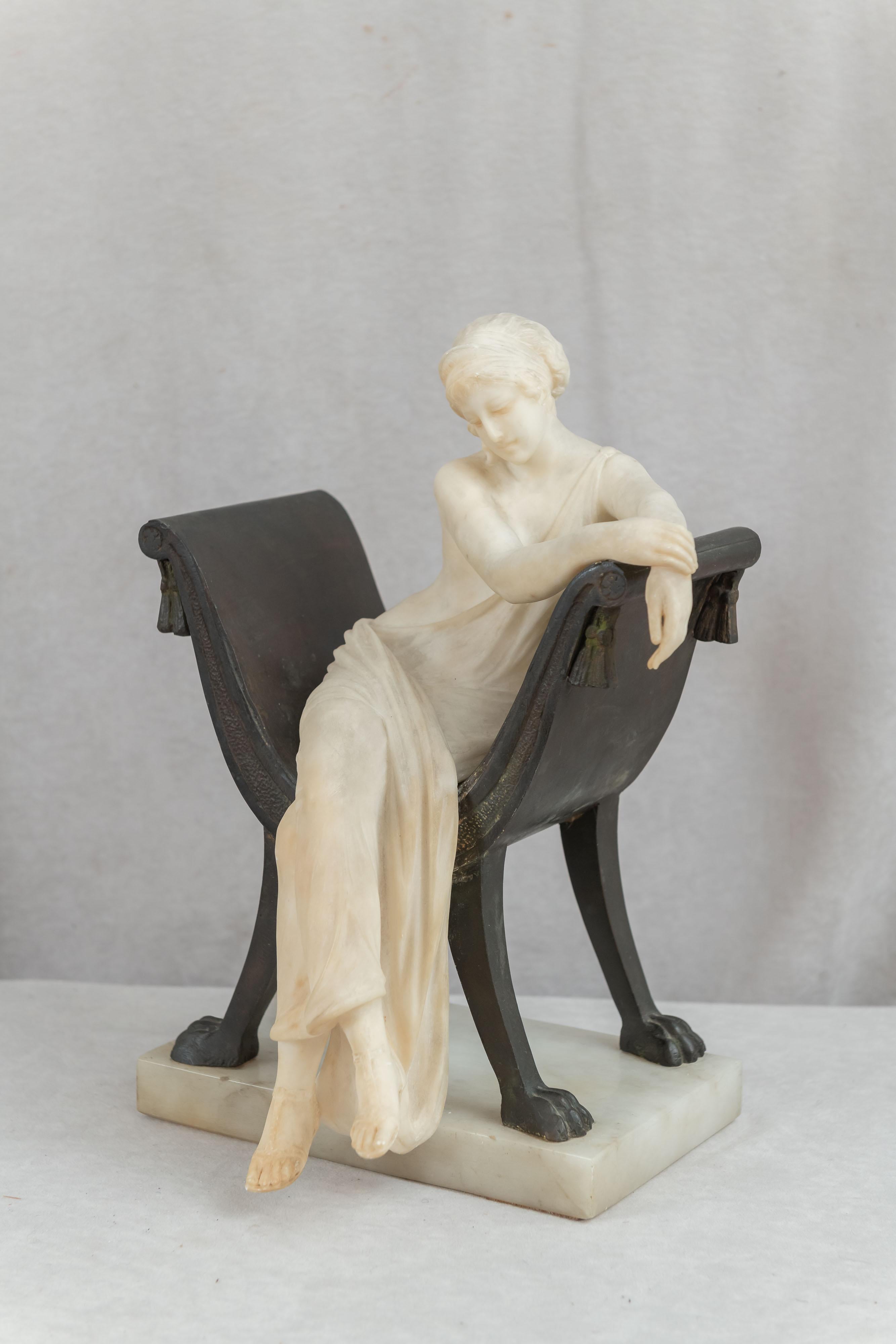 20th Century Carved Alabaster Lady Seated in a Bronze Chair, Artist Signed, Italian, ca. 1900